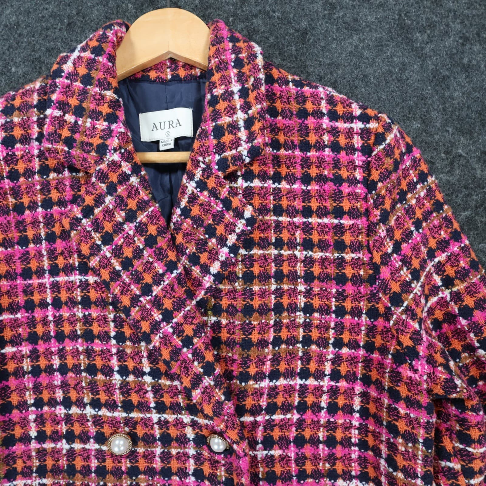 Aura Tweed Coat Women Small Pink Excellent Double Breasted Plaid Peacoat - Thumbnail 12