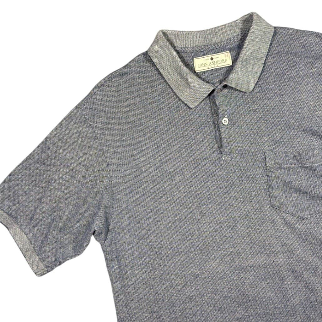John Ashford Golf Polo Mens L Blue Herringbone Knit Pocket Short Sleeve - Thumbnail 3