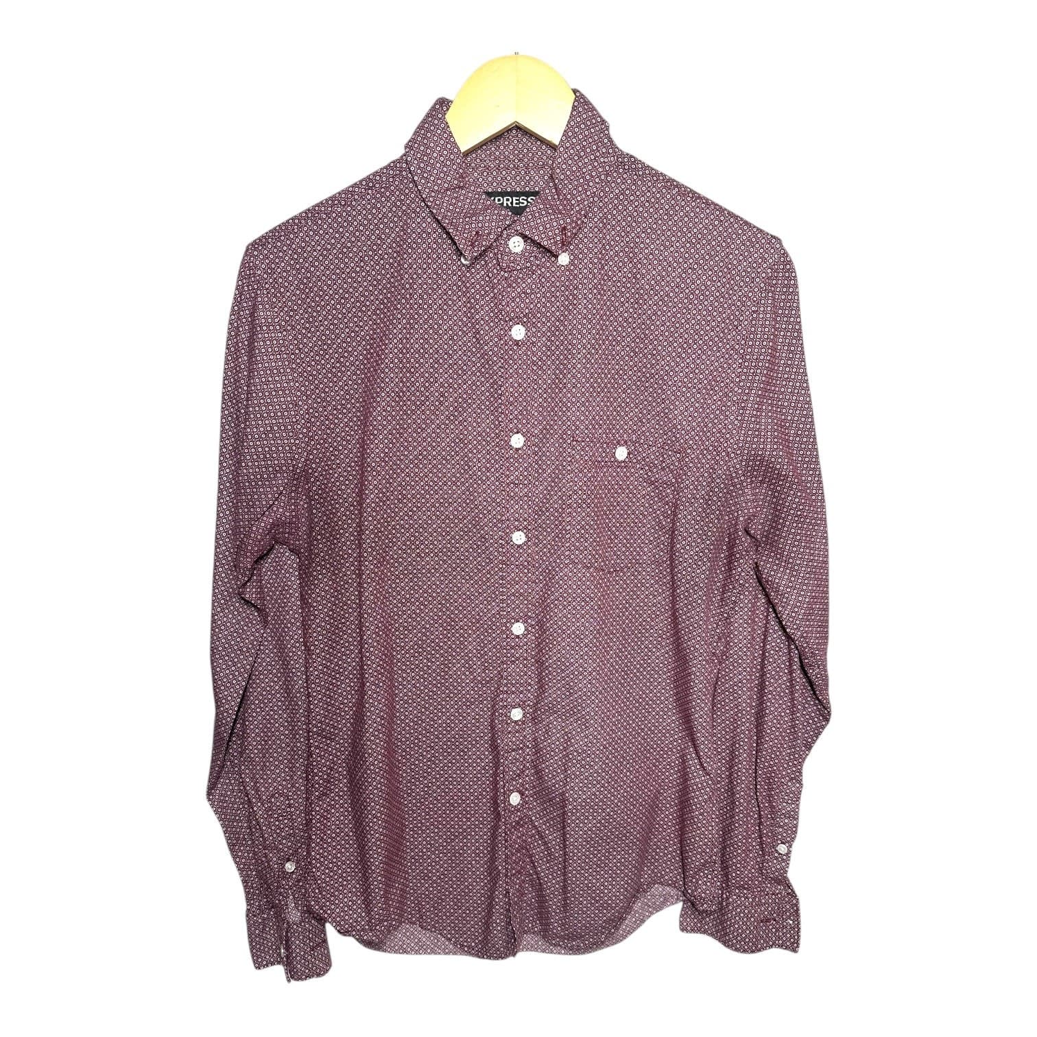 Express Men's Size Small Maroon Geometric Pattern Long Sleeve Button-Up Shirt - Thumbnail 2