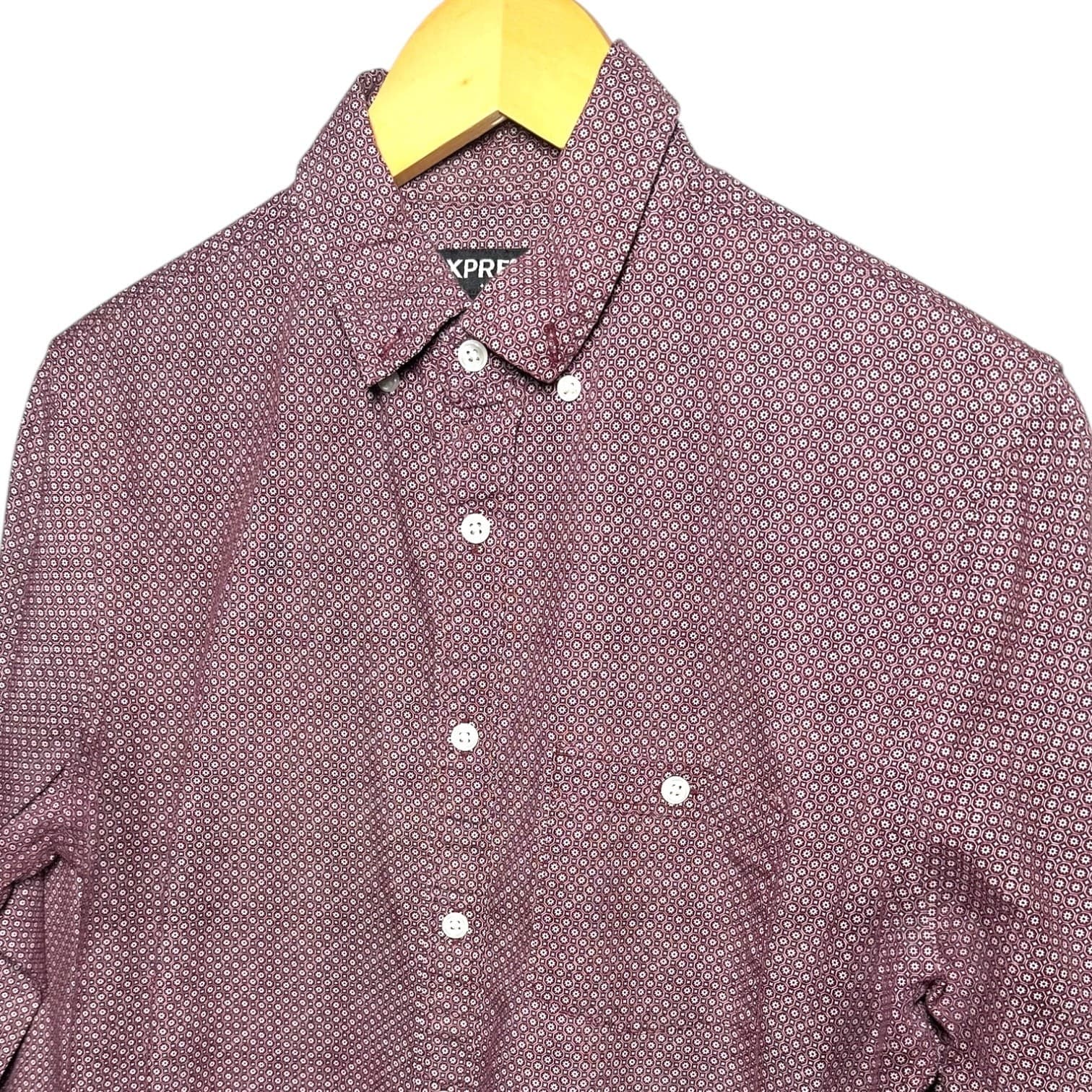 Express Men's Size Small Maroon Geometric Pattern Long Sleeve Button-Up Shirt - Thumbnail 4