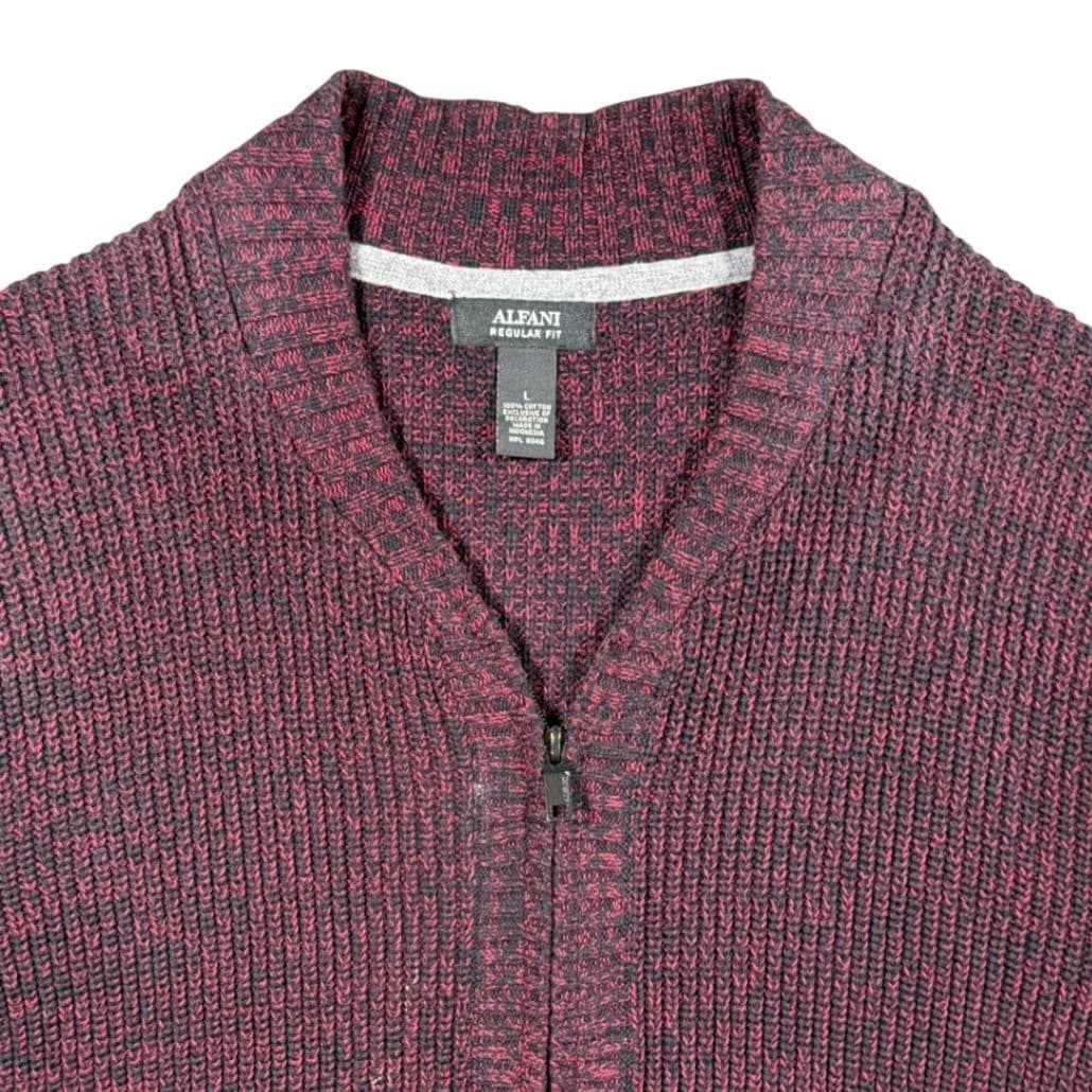 Alfani Full Zip Cardigan Sweater Mens Large Burgundy Ribbed Knit 100% Cotton - Thumbnail 3