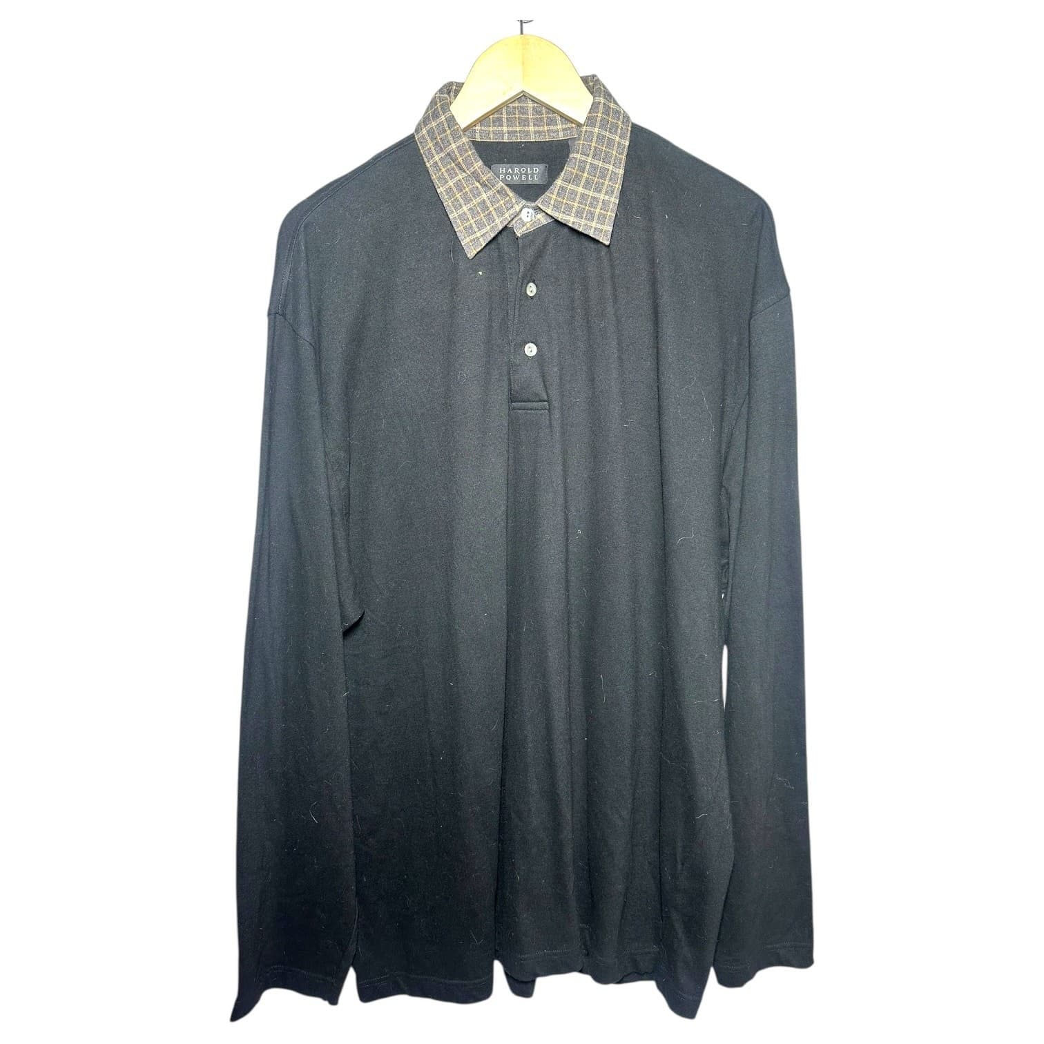Harold Powell Men's Size XL Black Long Sleeve Polo Shirt Plaid Collar - Thumbnail 2