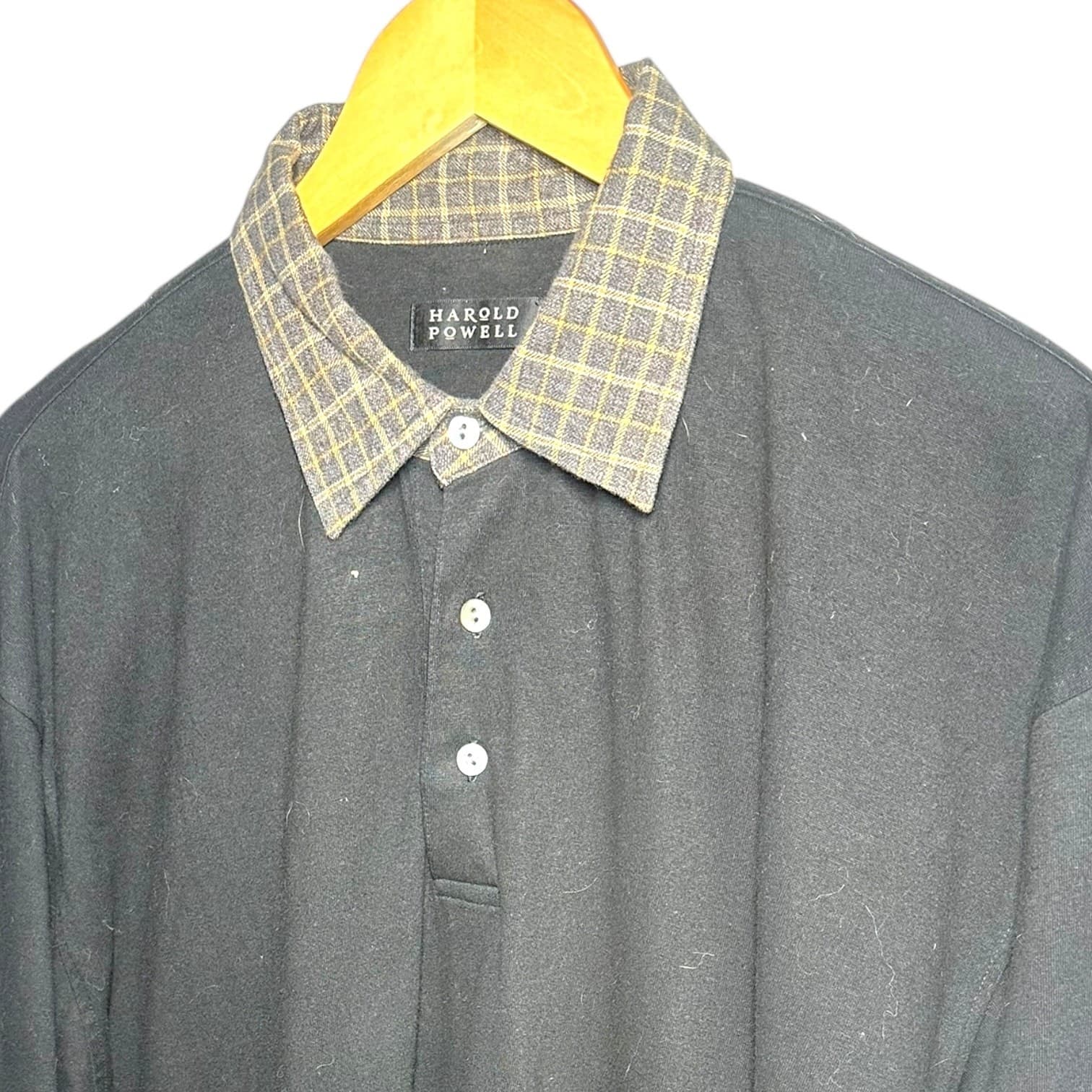 Harold Powell Men's Size XL Black Long Sleeve Polo Shirt Plaid Collar - Thumbnail 3