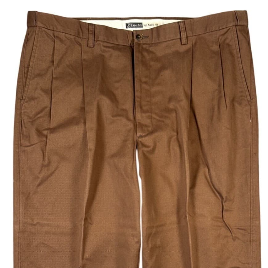 St Johns Bay Pleated Chino Pants Mens 44 Brown Excellent Relaxed Fit 43x32 - Thumbnail 2