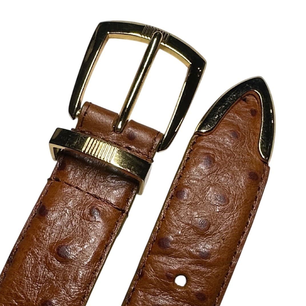 Irvine Park Mens Cognac Ostrich Embossed Italian Leather Belt Gold Hardware 2XL - Thumbnail 2