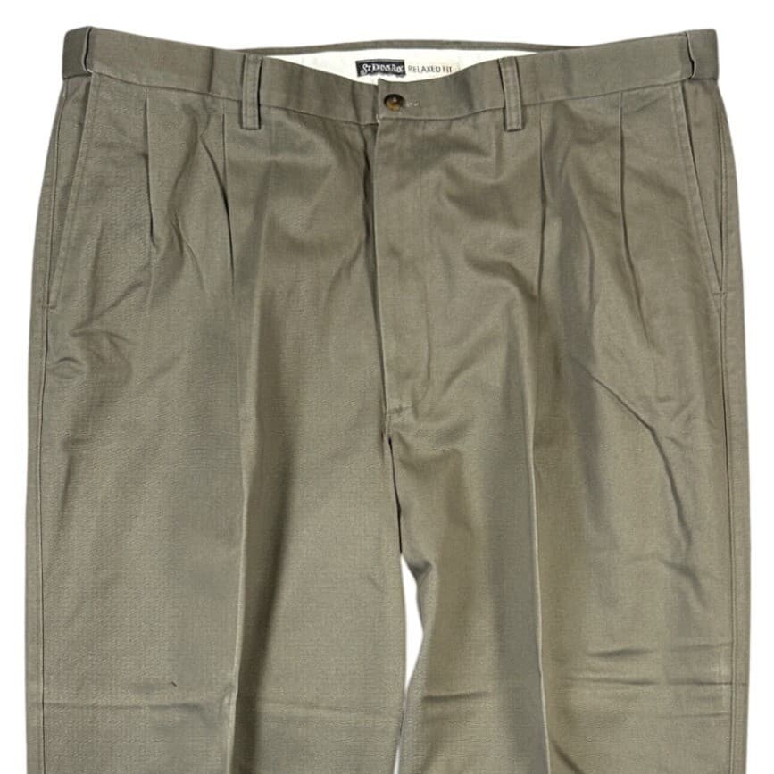 St Johns Bay Chino Pants Mens Size 44 Olive Green Relaxed Fit Pleated 41x32 - Thumbnail 3