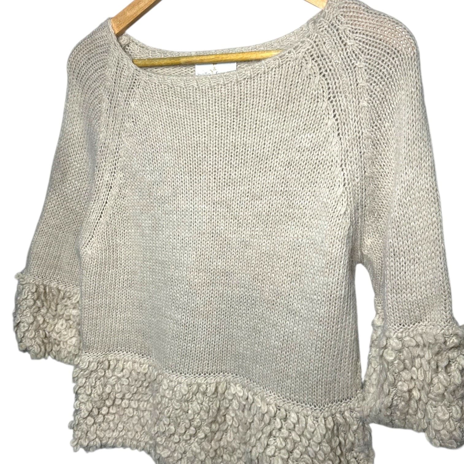 Belle France Womens Beige Knit Sweater 3/4 Sleeve Textured Trim Made in Italy M - Thumbnail 4