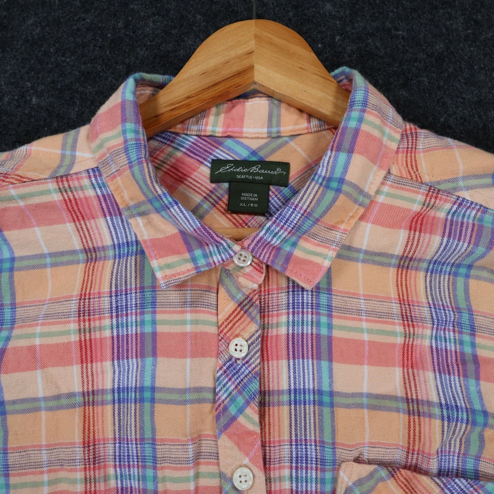 Eddie Bauer Button Down Womens XL Orange Plaid 100% Cotton Long Sleeve Shirt - Thumbnail 9