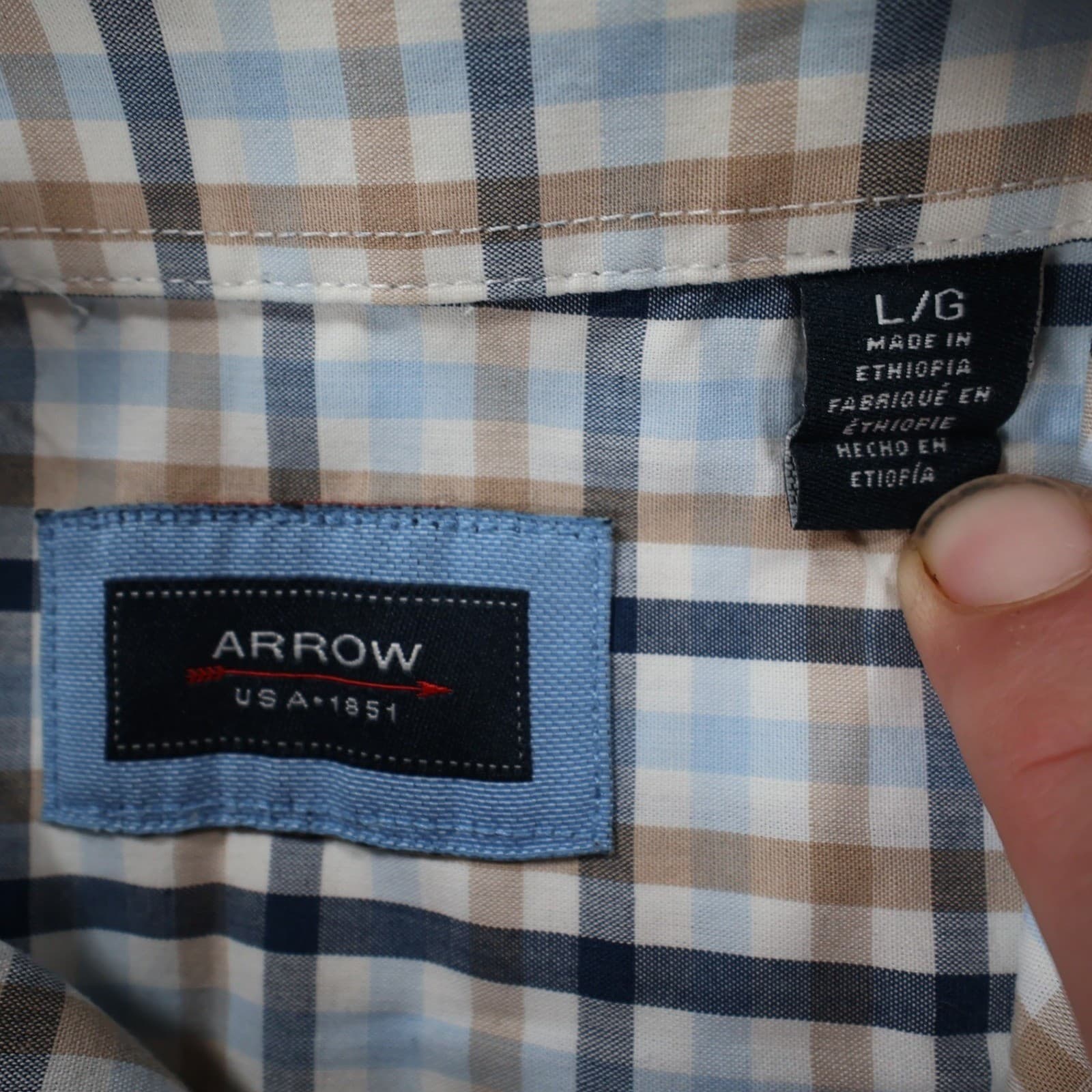 Arrow Button Down Shirt Mens Large Blue Tan Plaid Cotton Blend Regular Fit - Thumbnail 7
