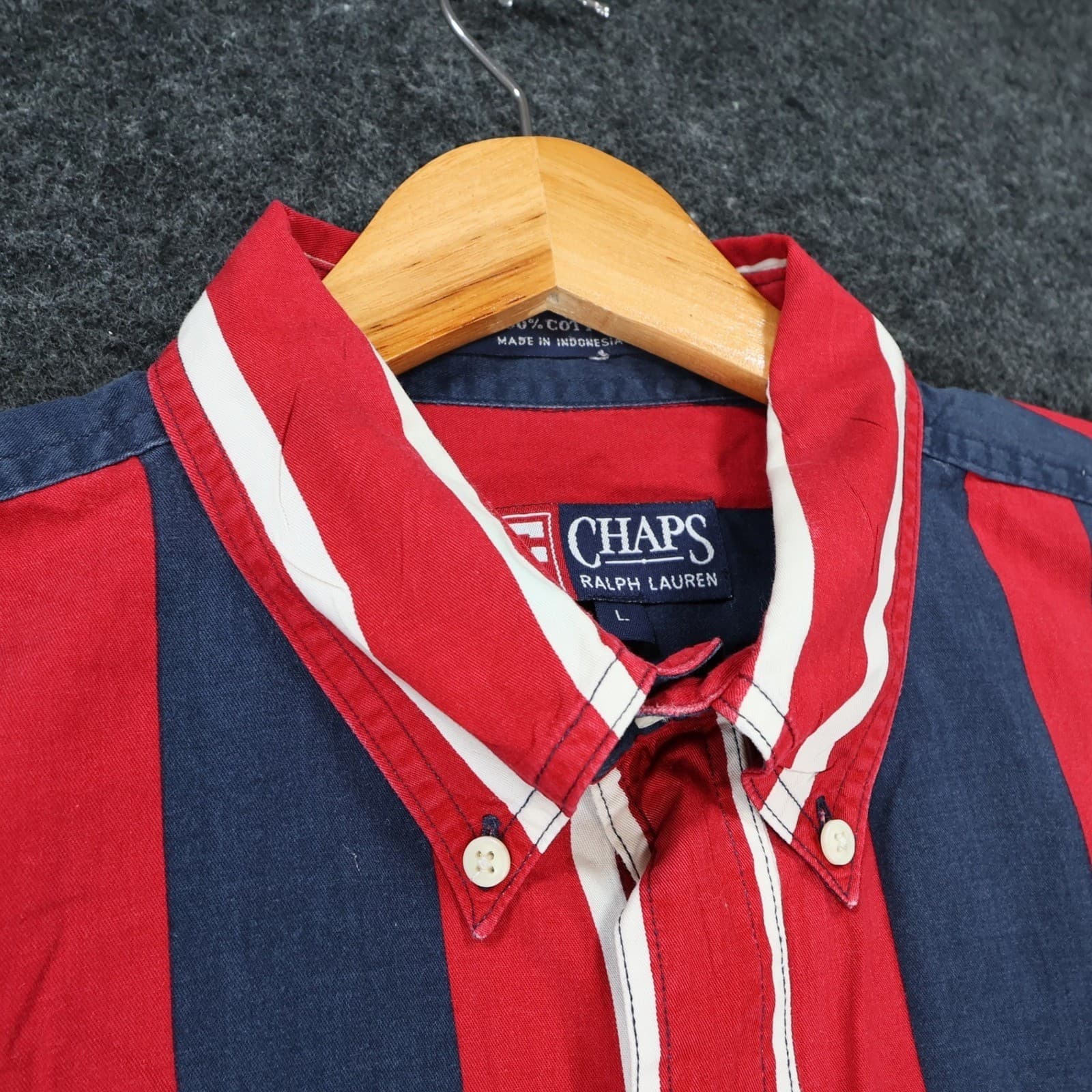 Chaps Ralph Lauren Button Down Shirt Mens Large Red Blue Cotton Short Slv - Thumbnail 3