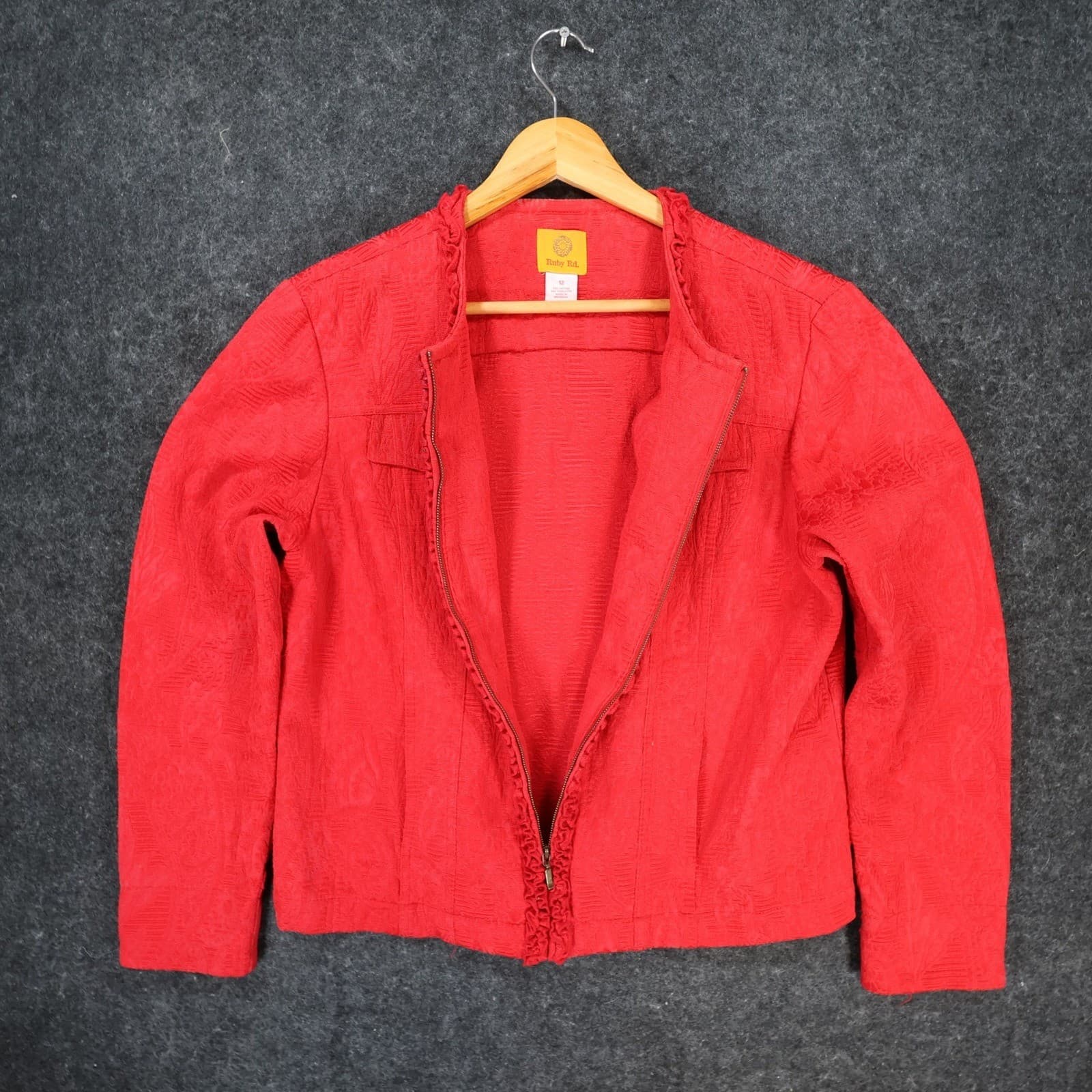 Ruby Rd Zip Front Jacket Womens 12 Red Cotton Blend Jacquard Ruffle Career - Thumbnail 3