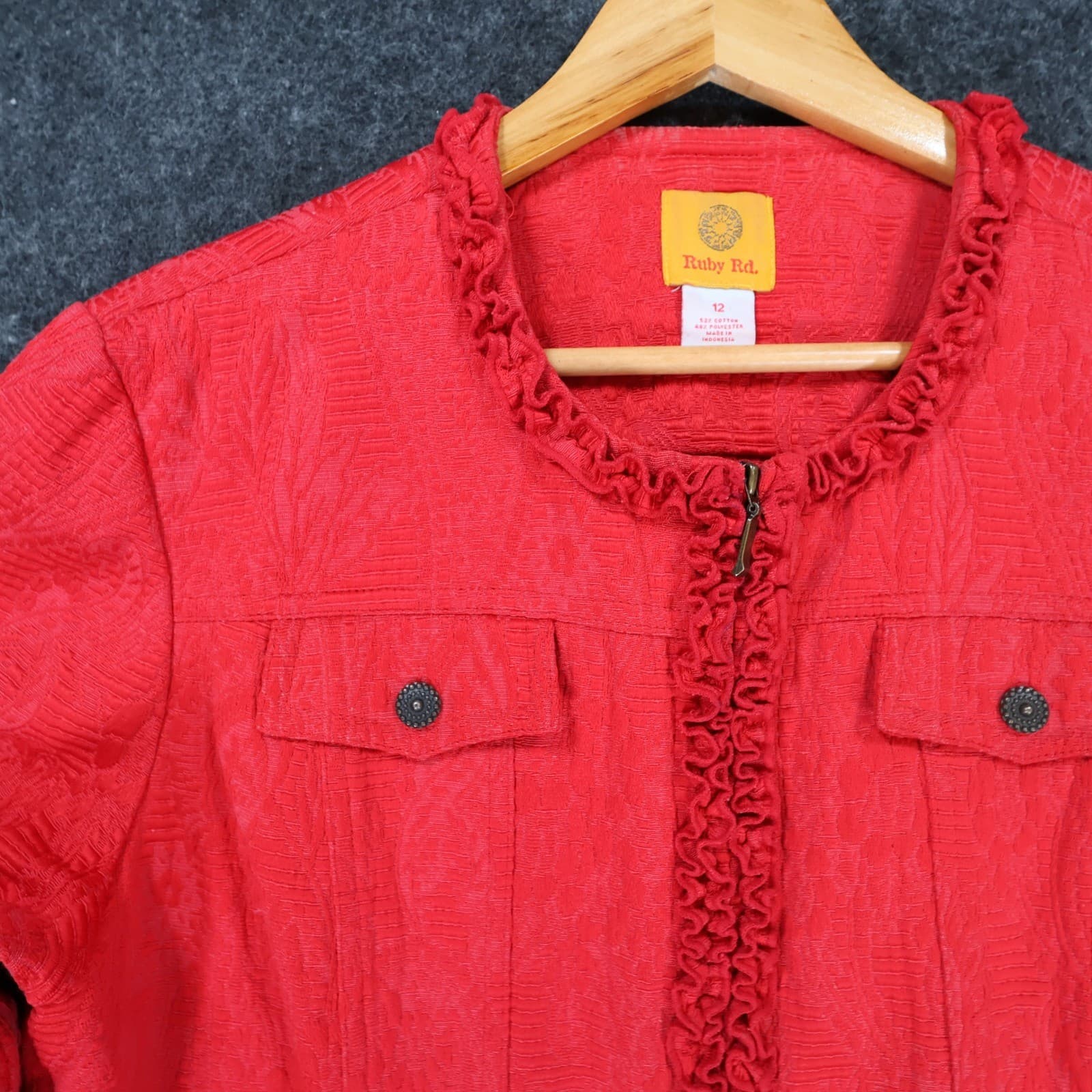 Ruby Rd Zip Front Jacket Womens 12 Red Cotton Blend Jacquard Ruffle Career - Thumbnail 9