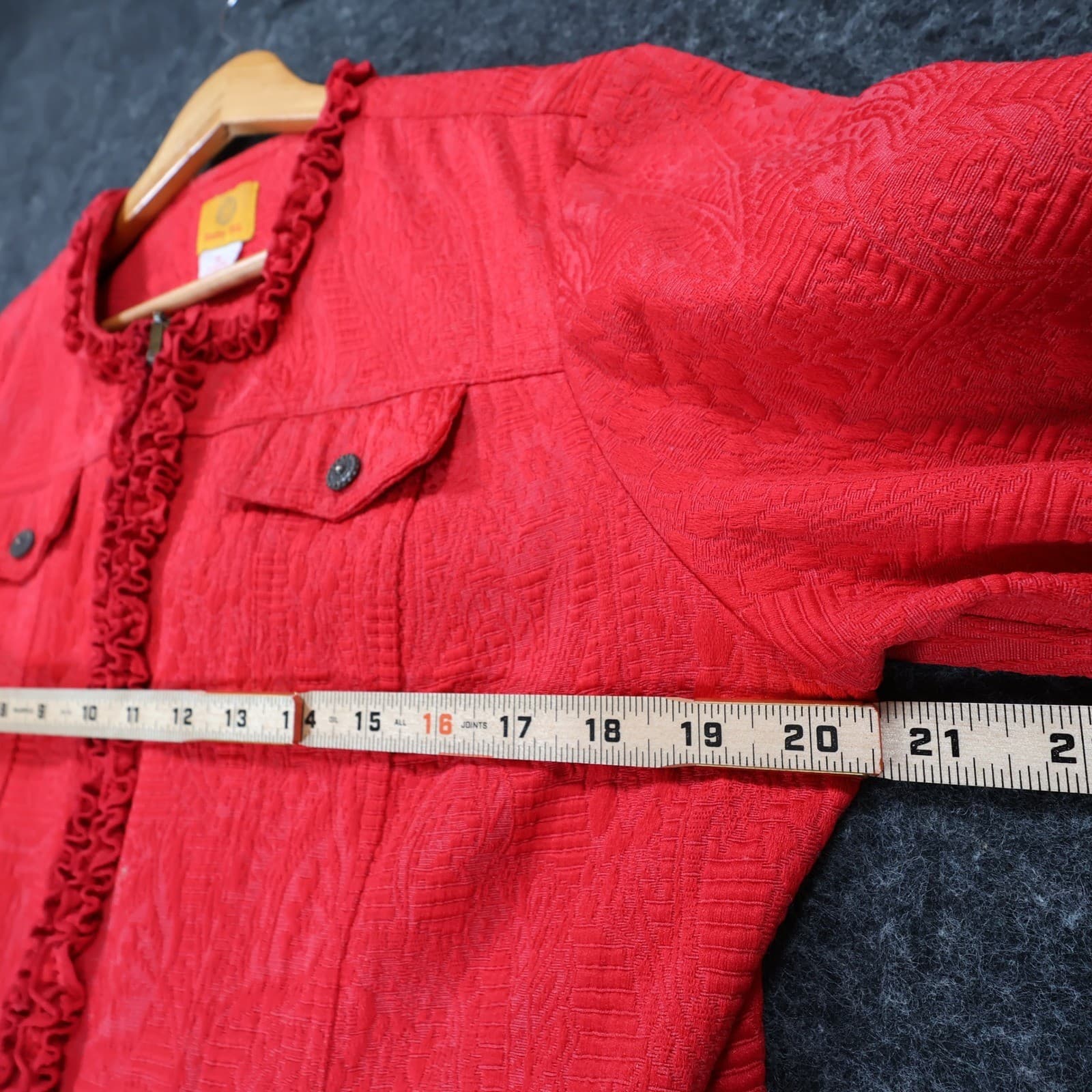 Ruby Rd Zip Front Jacket Womens 12 Red Cotton Blend Jacquard Ruffle Career - Thumbnail 4