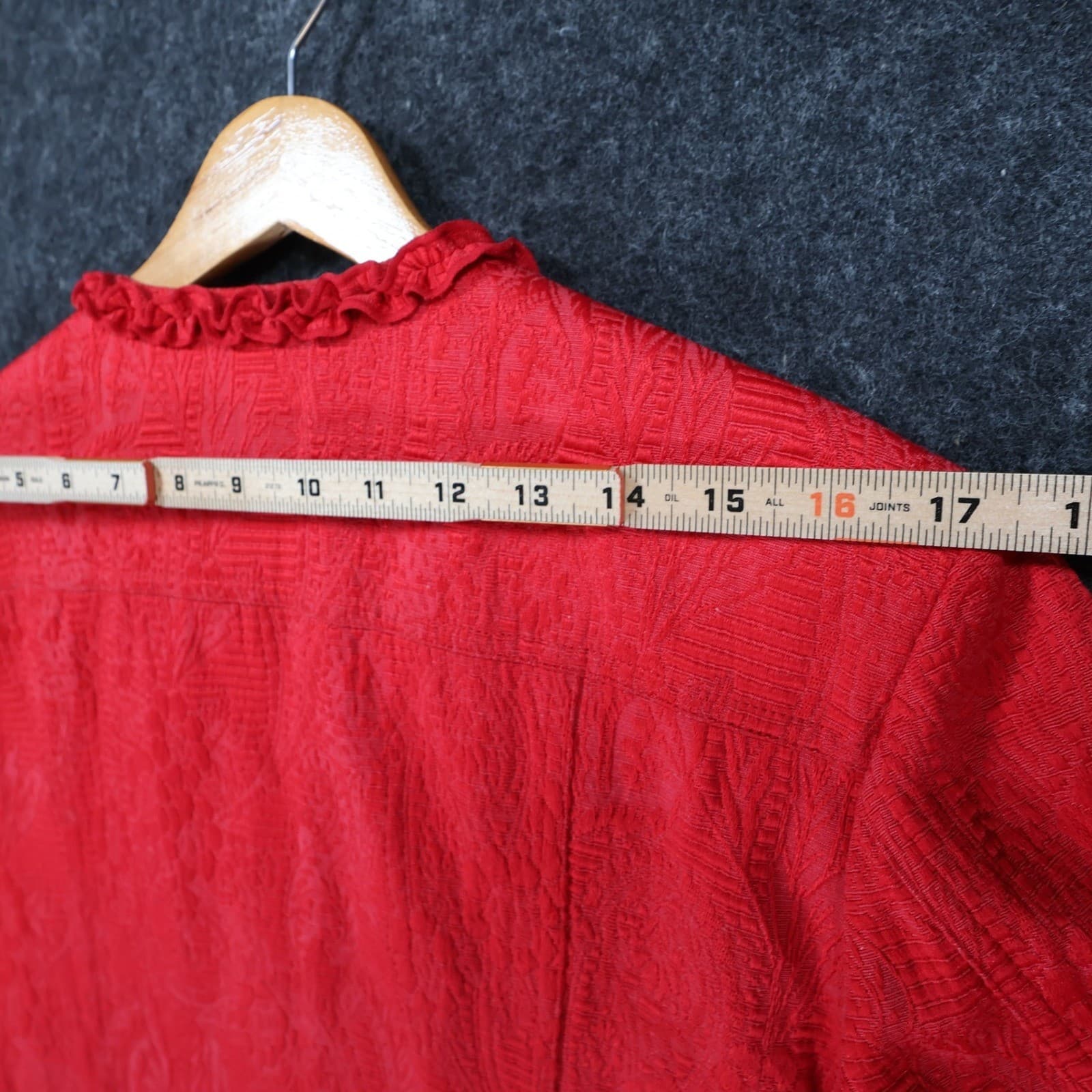 Ruby Rd Zip Front Jacket Womens 12 Red Cotton Blend Jacquard Ruffle Career - Thumbnail 7