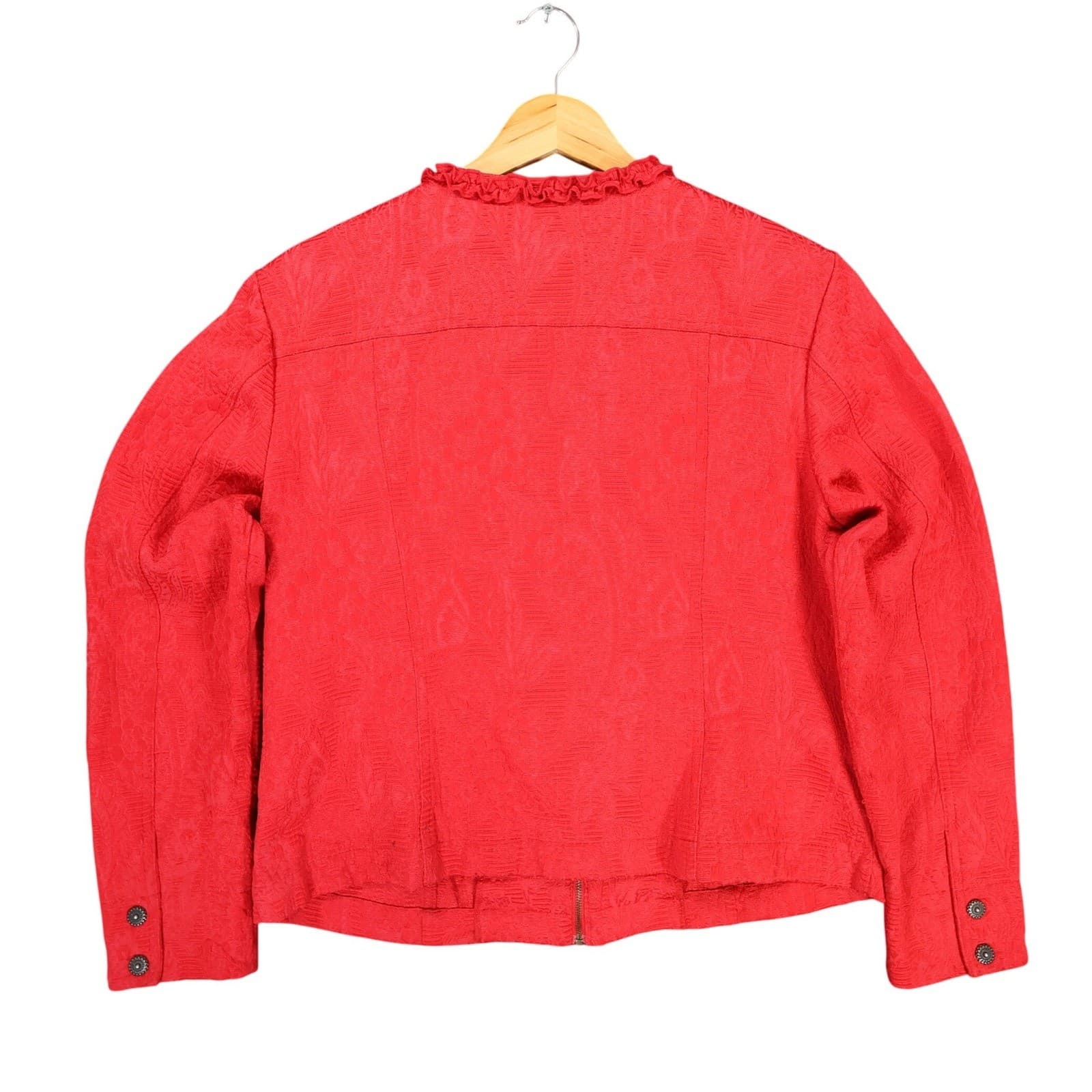 Ruby Rd Zip Front Jacket Womens 12 Red Cotton Blend Jacquard Ruffle Career - Thumbnail 2
