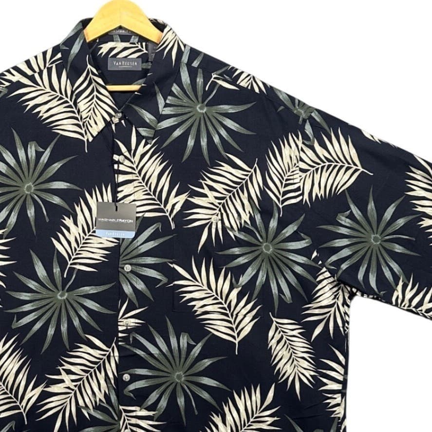 Van Heusen Tropical Palm Leaf Shirt Mens XXL Black Rayon NWT Short Sleeve - Thumbnail 2