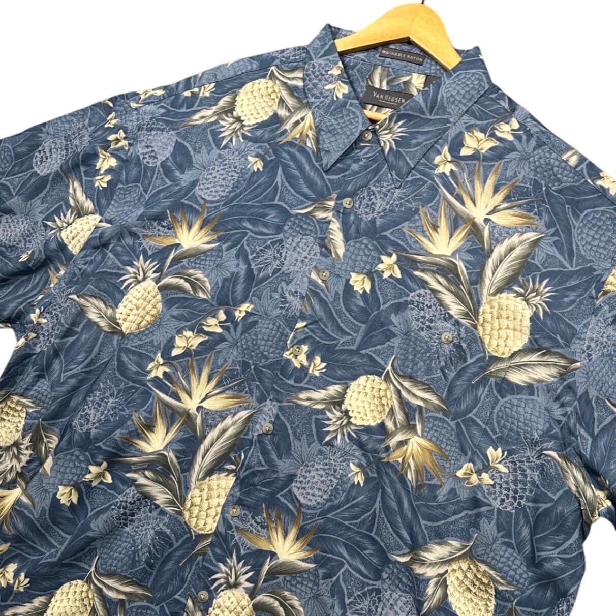 Van Heusen Tropical Pineapple Shirt Mens XXL Blue Rayon Short Sleeve NWT - Thumbnail 3