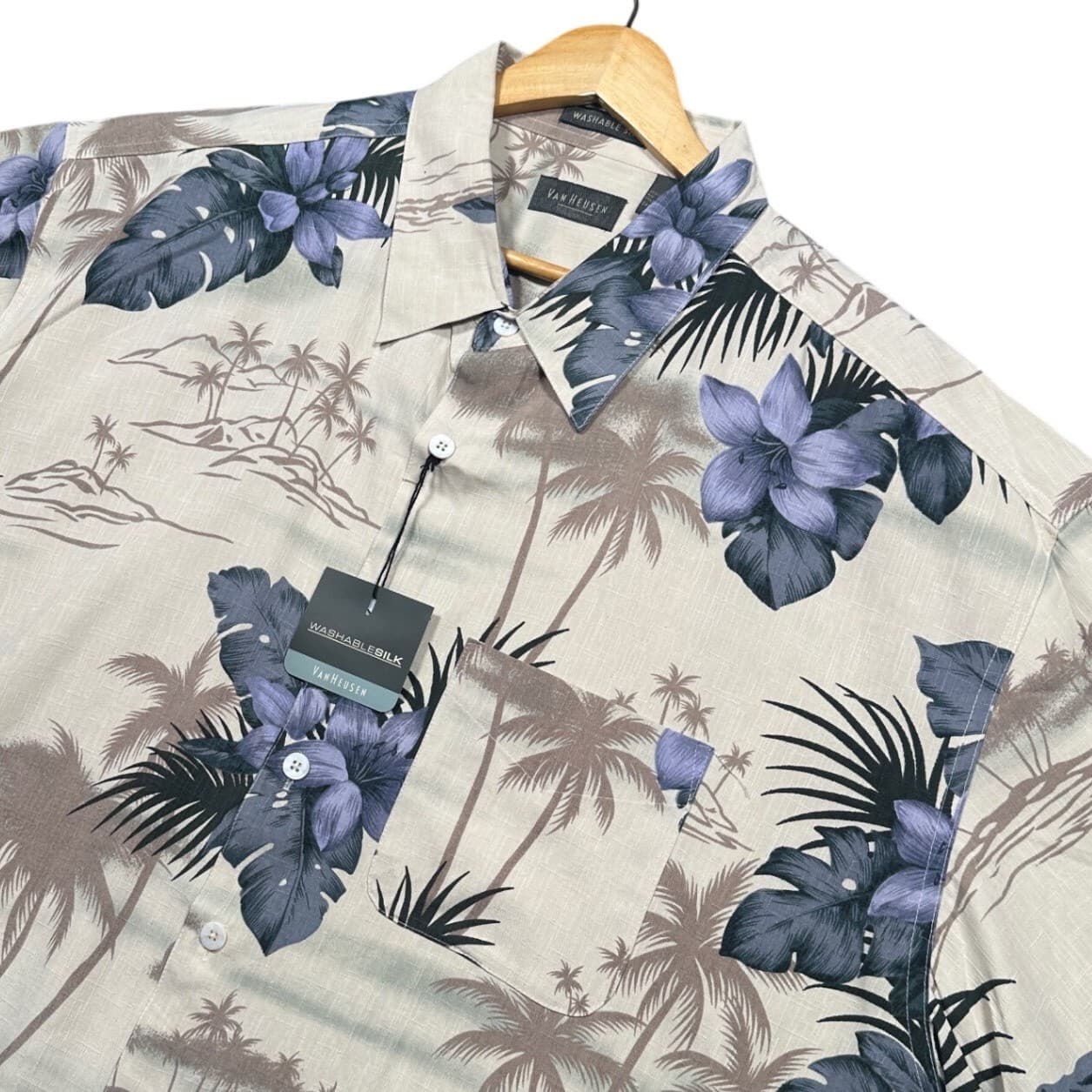 Van Heusen Silk Shirt Mens XL Off White Blue Tropical Floral Short Sleeve NWT - Thumbnail 3
