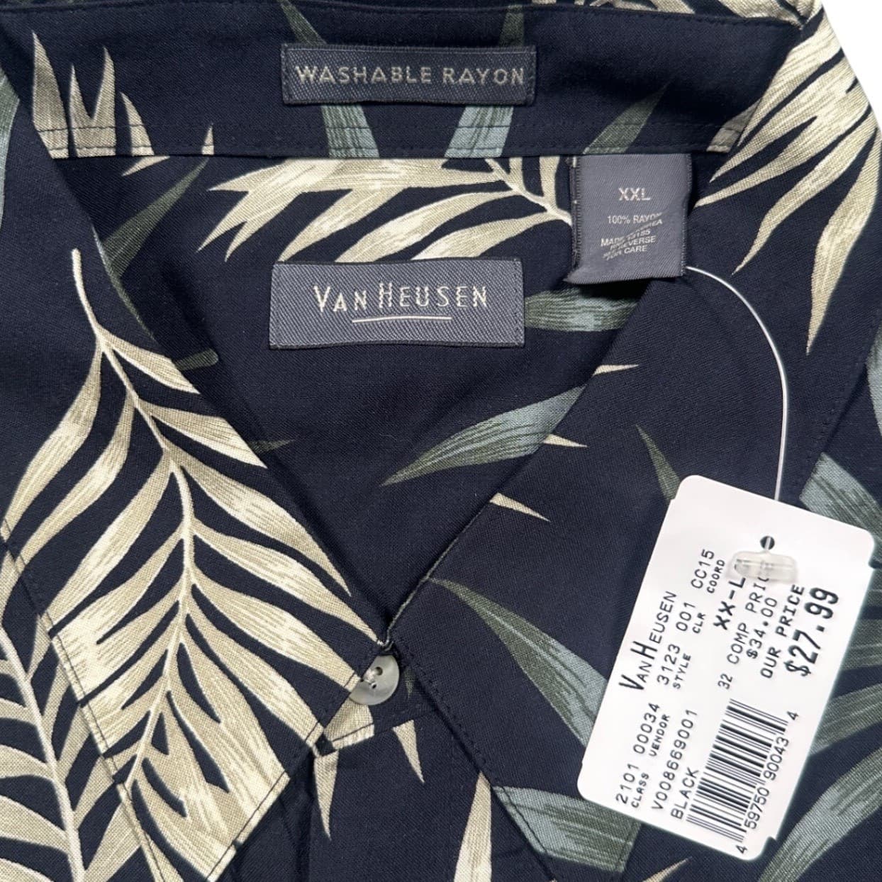 Van Heusen Tropical Palm Leaf Shirt Mens XXL Black Rayon NWT Short Sleeve - Thumbnail 7
