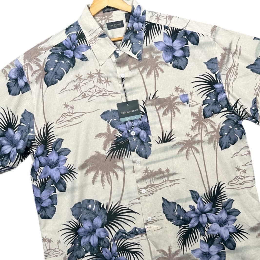 Van Heusen Silk Shirt Mens XL Off White Blue Tropical Floral Short Sleeve NWT - Thumbnail 2