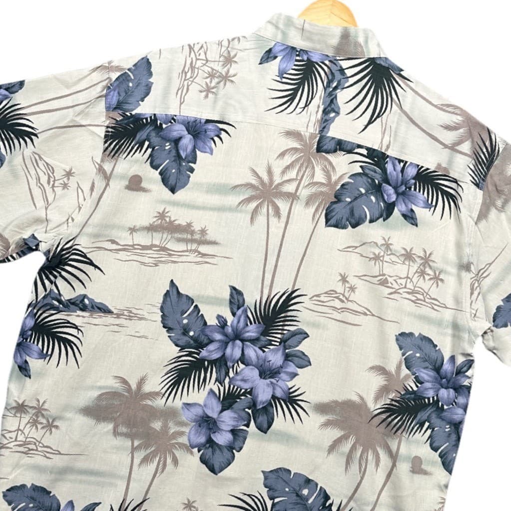 Van Heusen Silk Shirt Mens XL Off White Blue Tropical Floral Short Sleeve NWT - Thumbnail 5