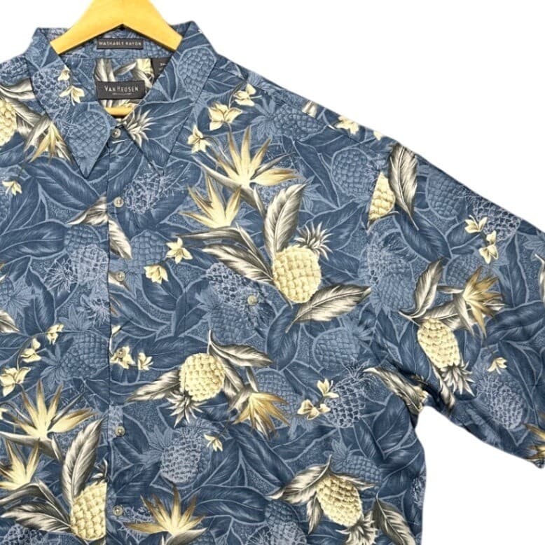 Van Heusen Tropical Pineapple Shirt Mens XXL Blue Rayon Short Sleeve NWT - Thumbnail 2