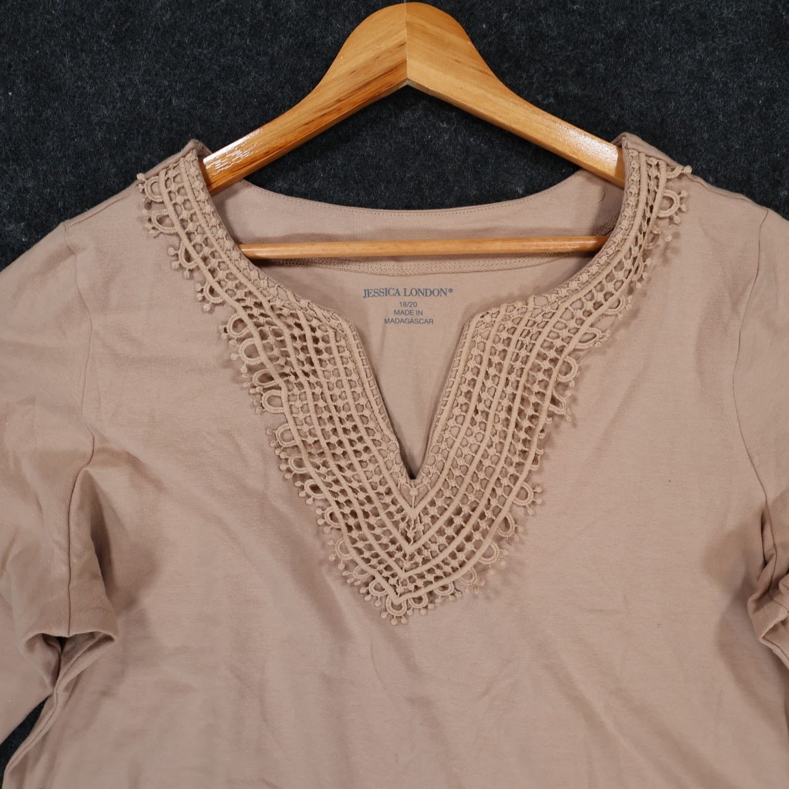 Jessica London Top Womens 18/20 Tan Cotton Spandex Crochet V-Neck 3/4 Sleeve - Thumbnail 9