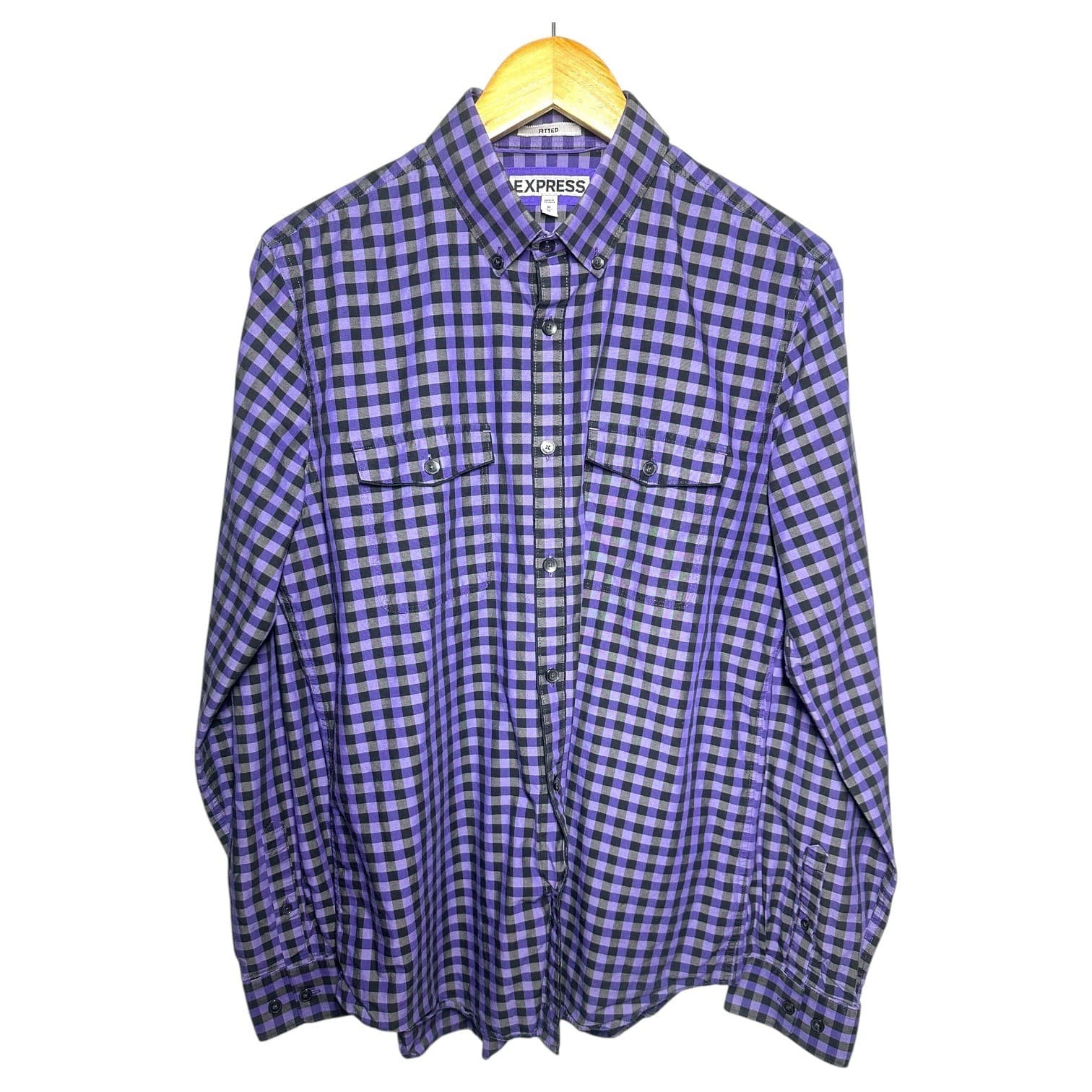 Express Mens Fitted Gingham Check Button Down Long Sleeve Shirt Size M - Thumbnail 2