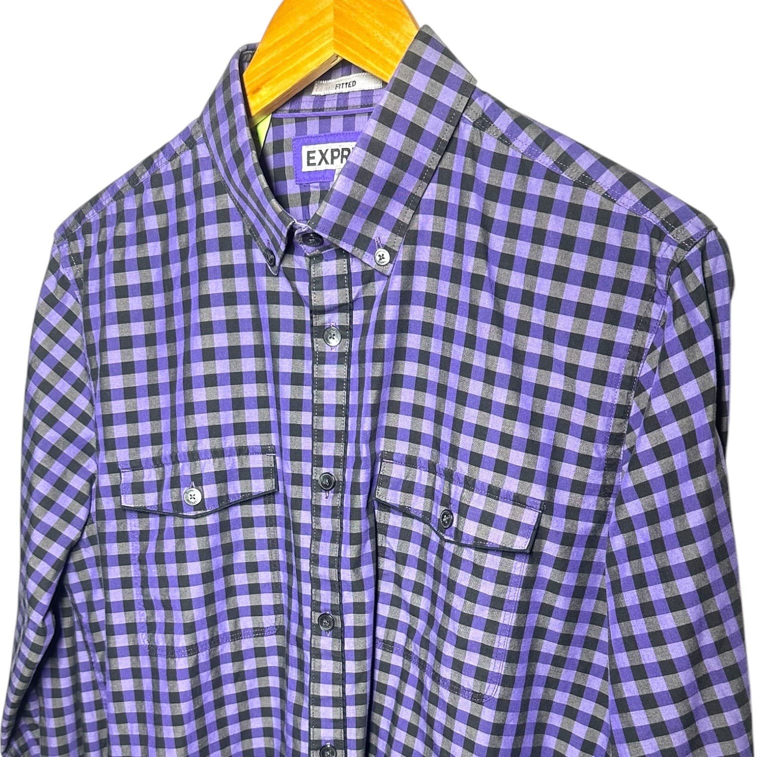 Express Mens Fitted Gingham Check Button Down Long Sleeve Shirt Size M - Thumbnail 4