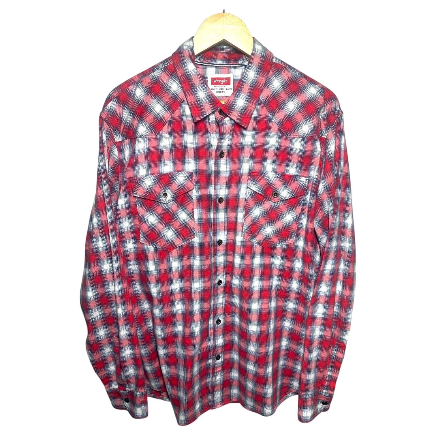 Wrangler Men's Size XL Red White Plaid Western Flannel Button Up Shirt - Thumbnail 2