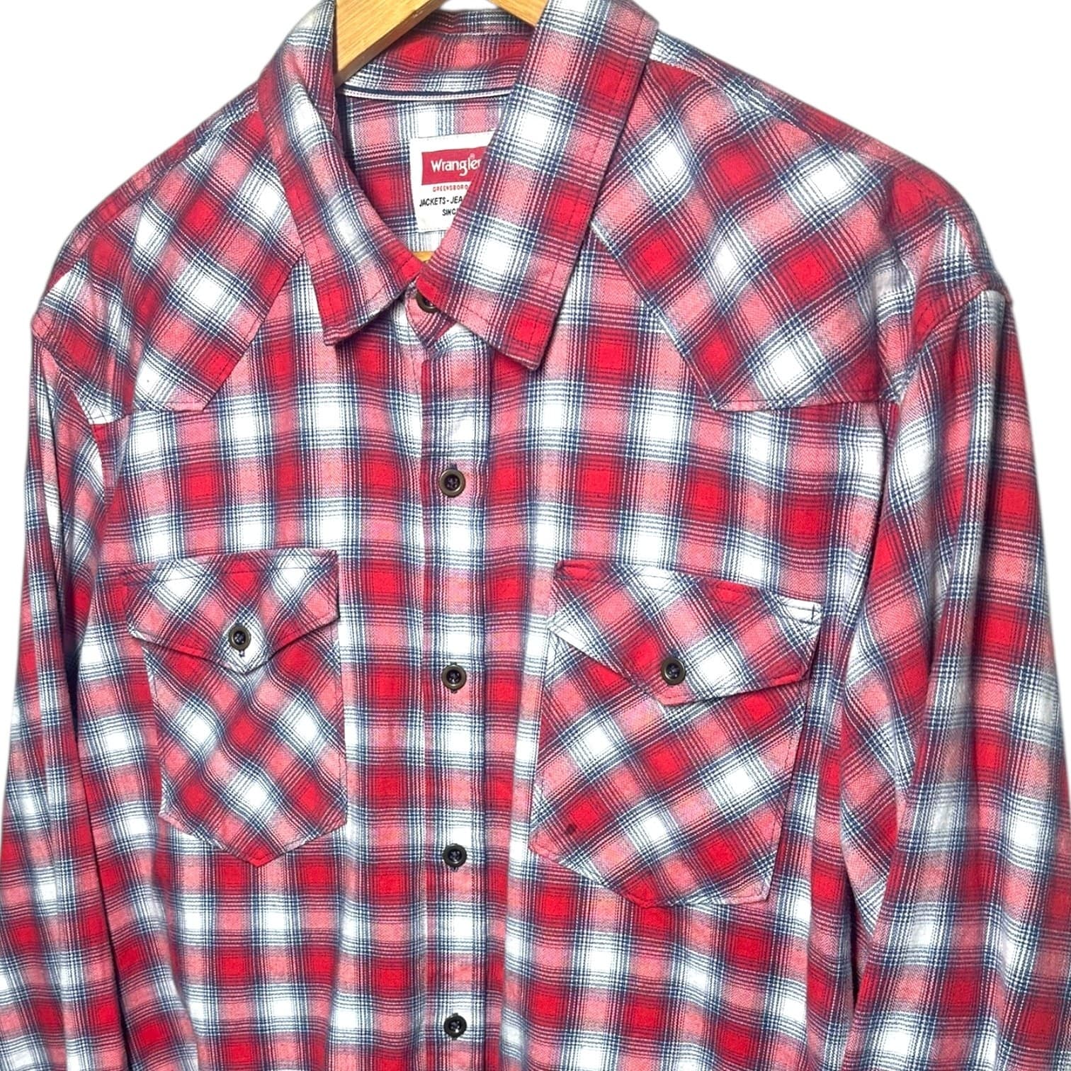 Wrangler Men's Size XL Red White Plaid Western Flannel Button Up Shirt - Thumbnail 4
