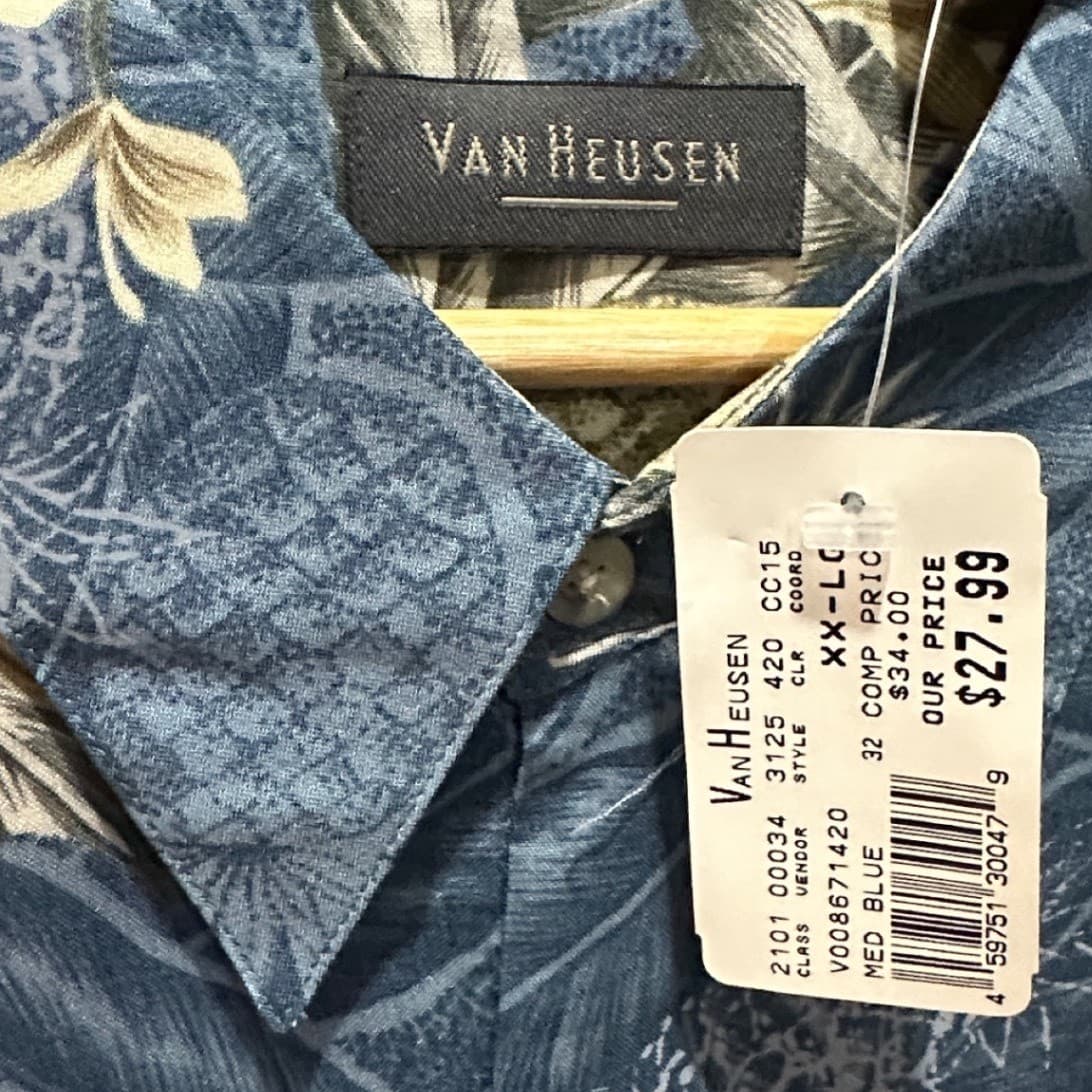 Van Heusen Tropical Pineapple Shirt Mens XXL Blue Rayon Short Sleeve NWT - Thumbnail 7