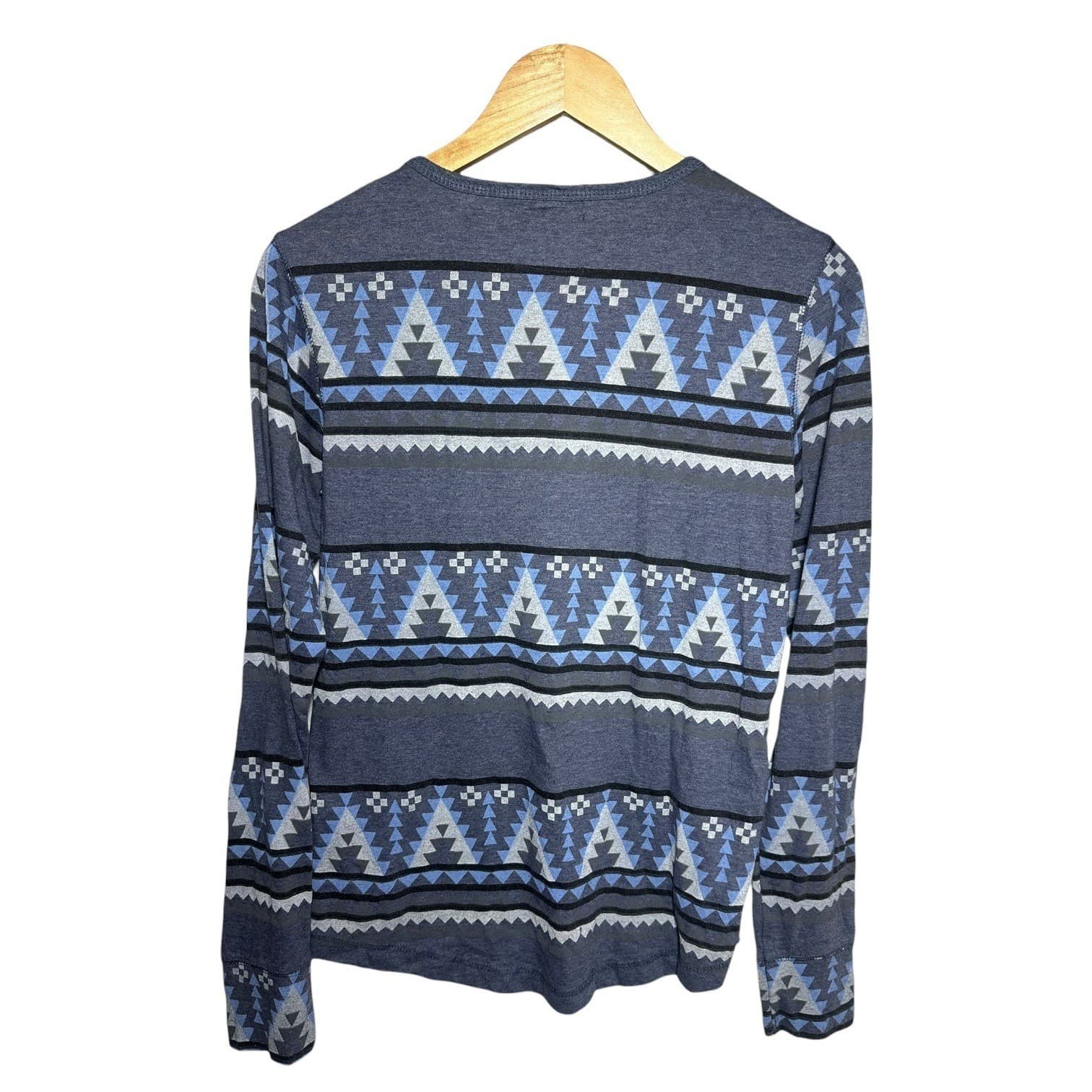 ALPHA BETA Men's Size Medium Blue Geometric Aztec Long Sleeve Henley Shirt - Thumbnail 2