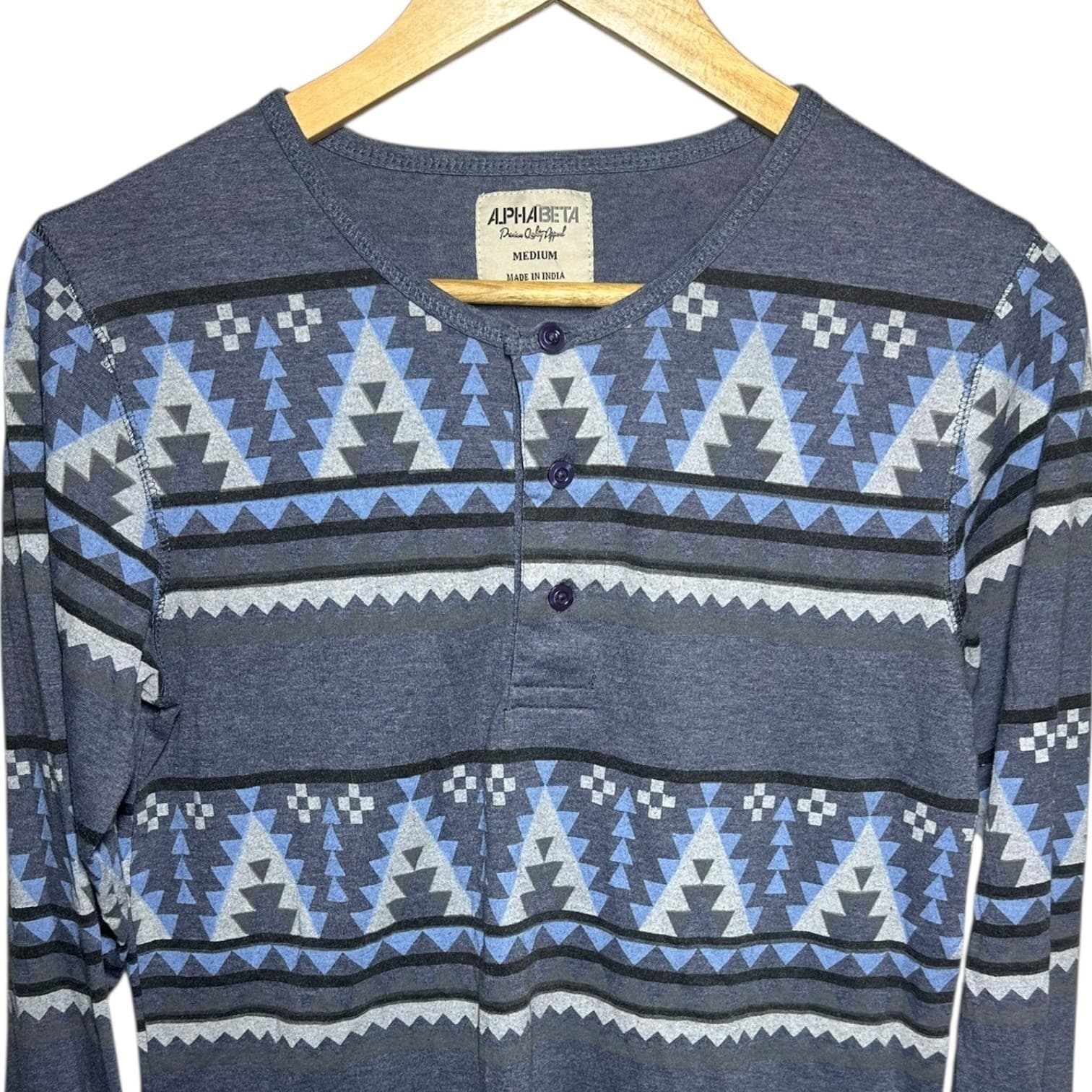 ALPHA BETA Men's Size Medium Blue Geometric Aztec Long Sleeve Henley Shirt - Thumbnail 3