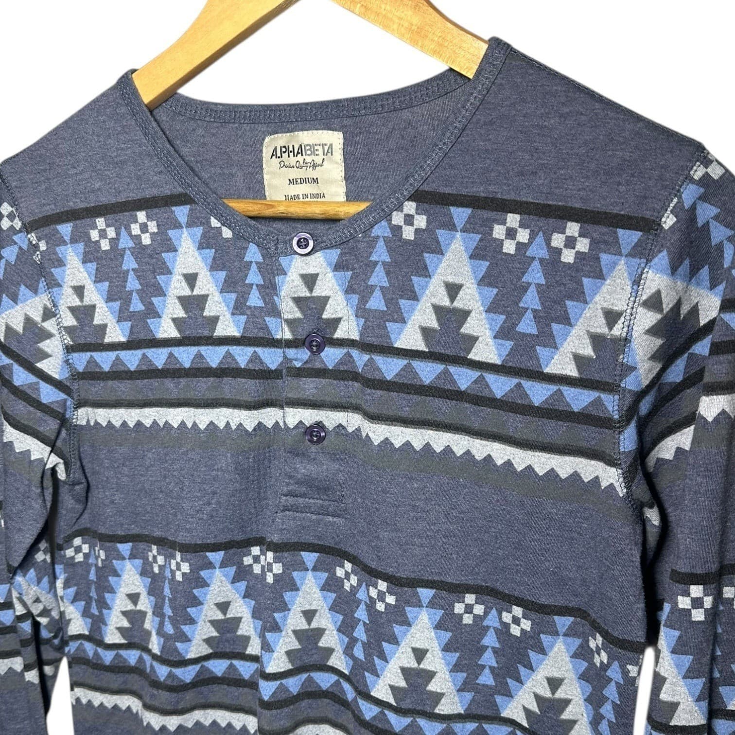 ALPHA BETA Men's Size Medium Blue Geometric Aztec Long Sleeve Henley Shirt - Thumbnail 4