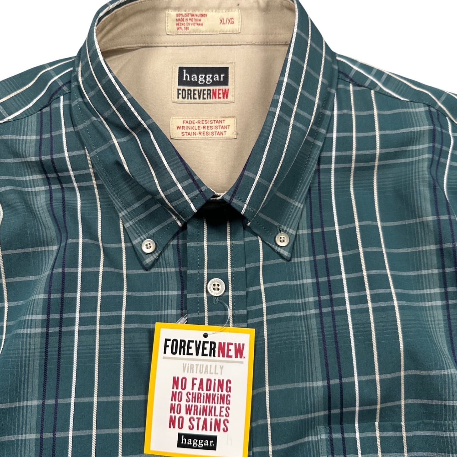 Haggar Shirt Mens XL Teal Green Plaid Long Sleeve NWT Cotton Button Up - Thumbnail 6