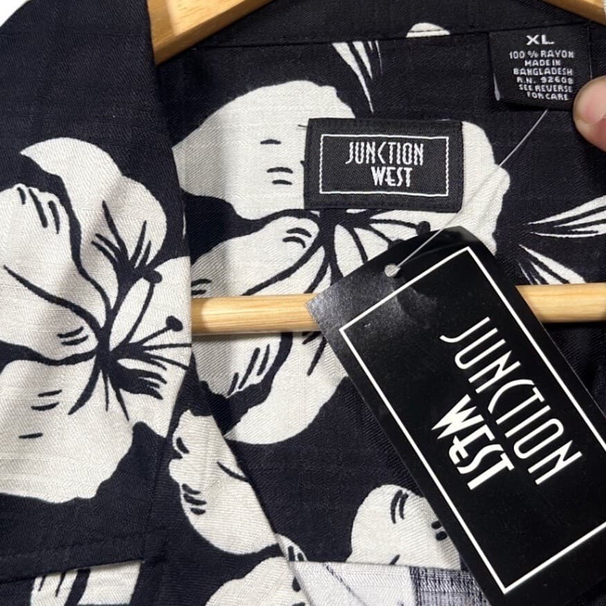 Junction West Floral Hawaiian Shirt Mens XL Black White Rayon New Tropical Aloha - Thumbnail 7