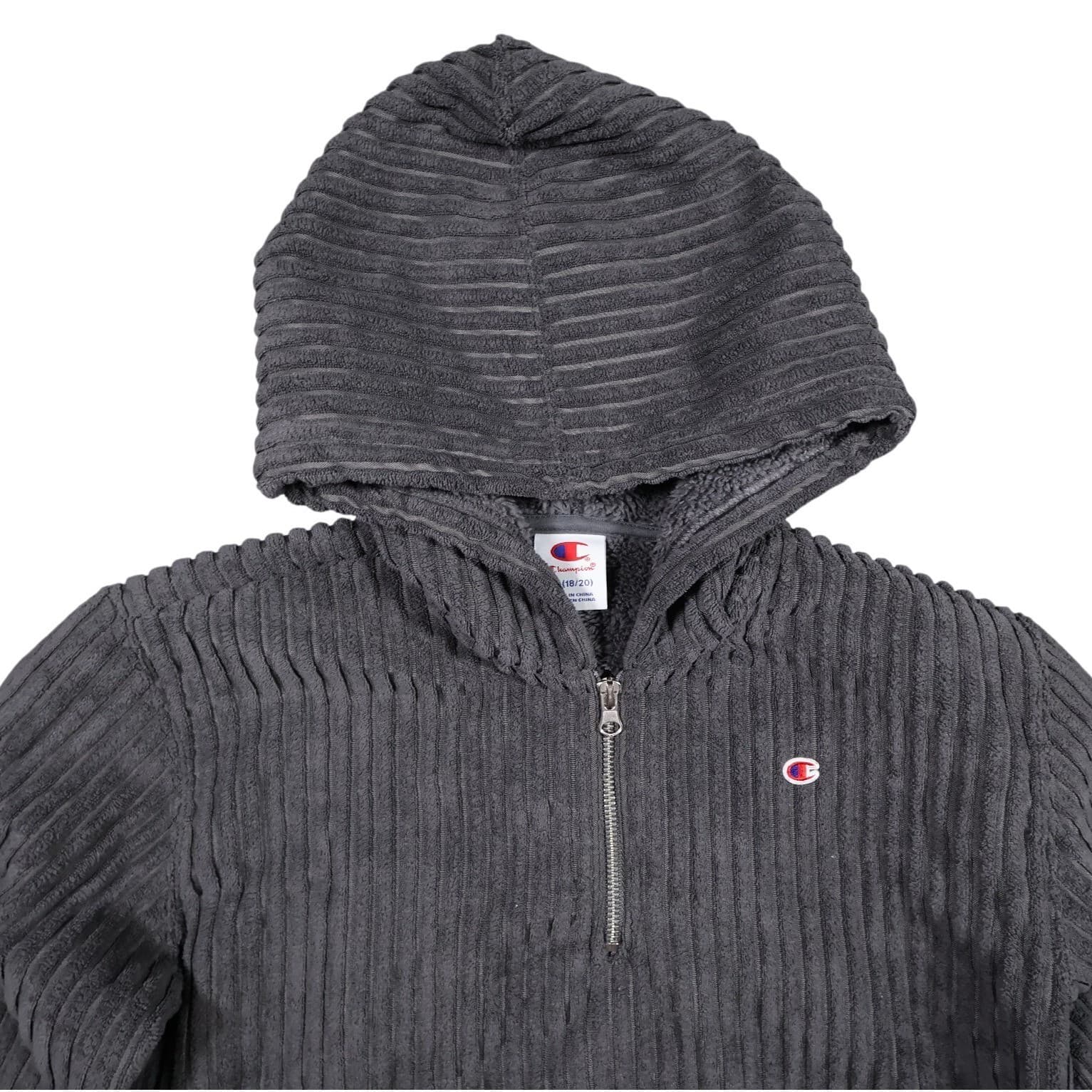 Champion Quarter Zip Hoodie Women XL Gray Corduroy Sherpa Lined Pullover - Thumbnail 3