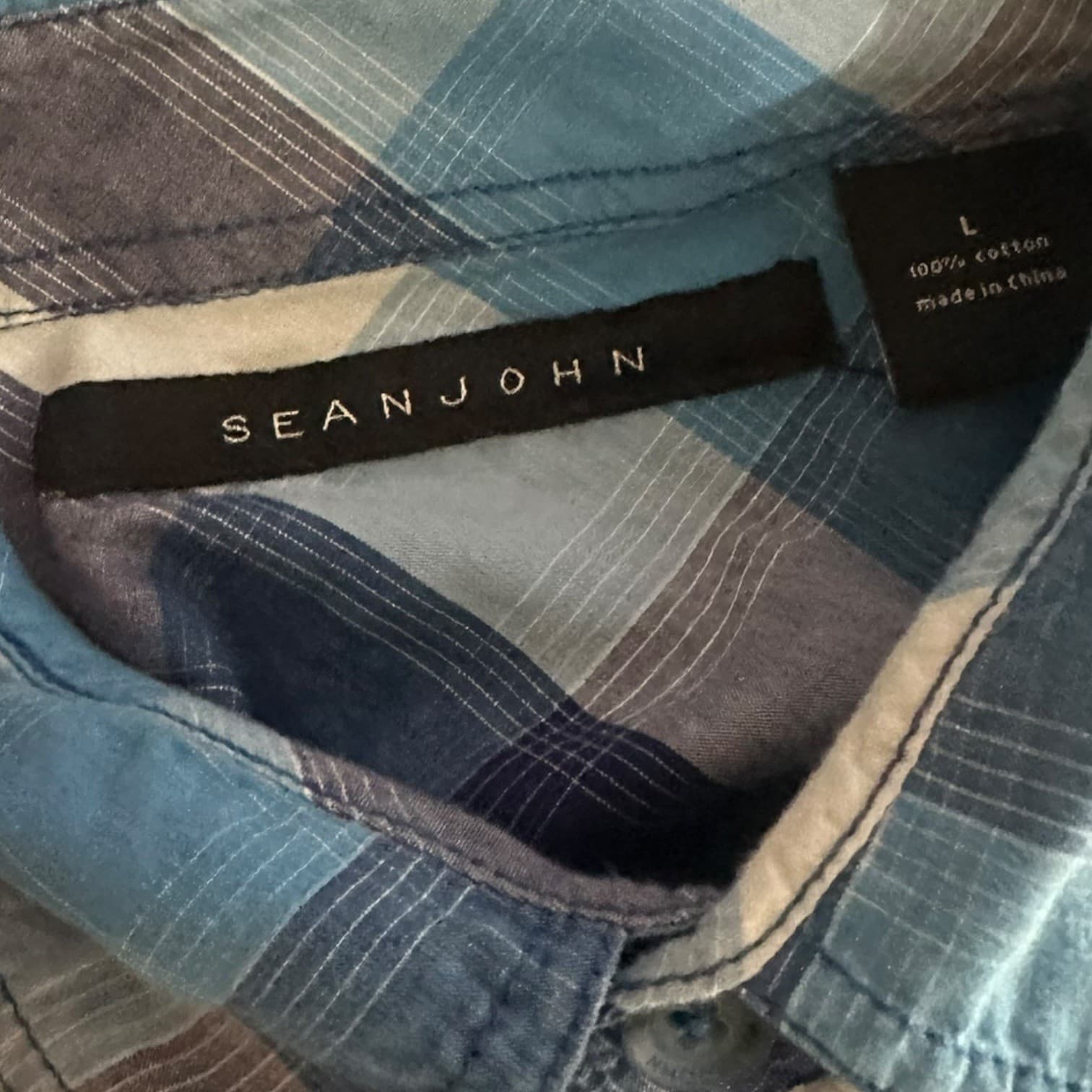 Sean John Mens Blue Plaid Short Sleeve Button Up Shirt Size Large - Thumbnail 6