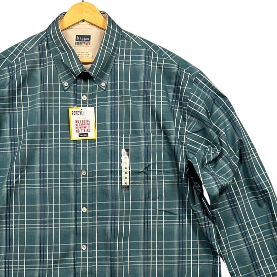 Haggar Shirt Mens XL Teal Green Plaid Long Sleeve NWT Cotton Button Up - Thumbnail 3