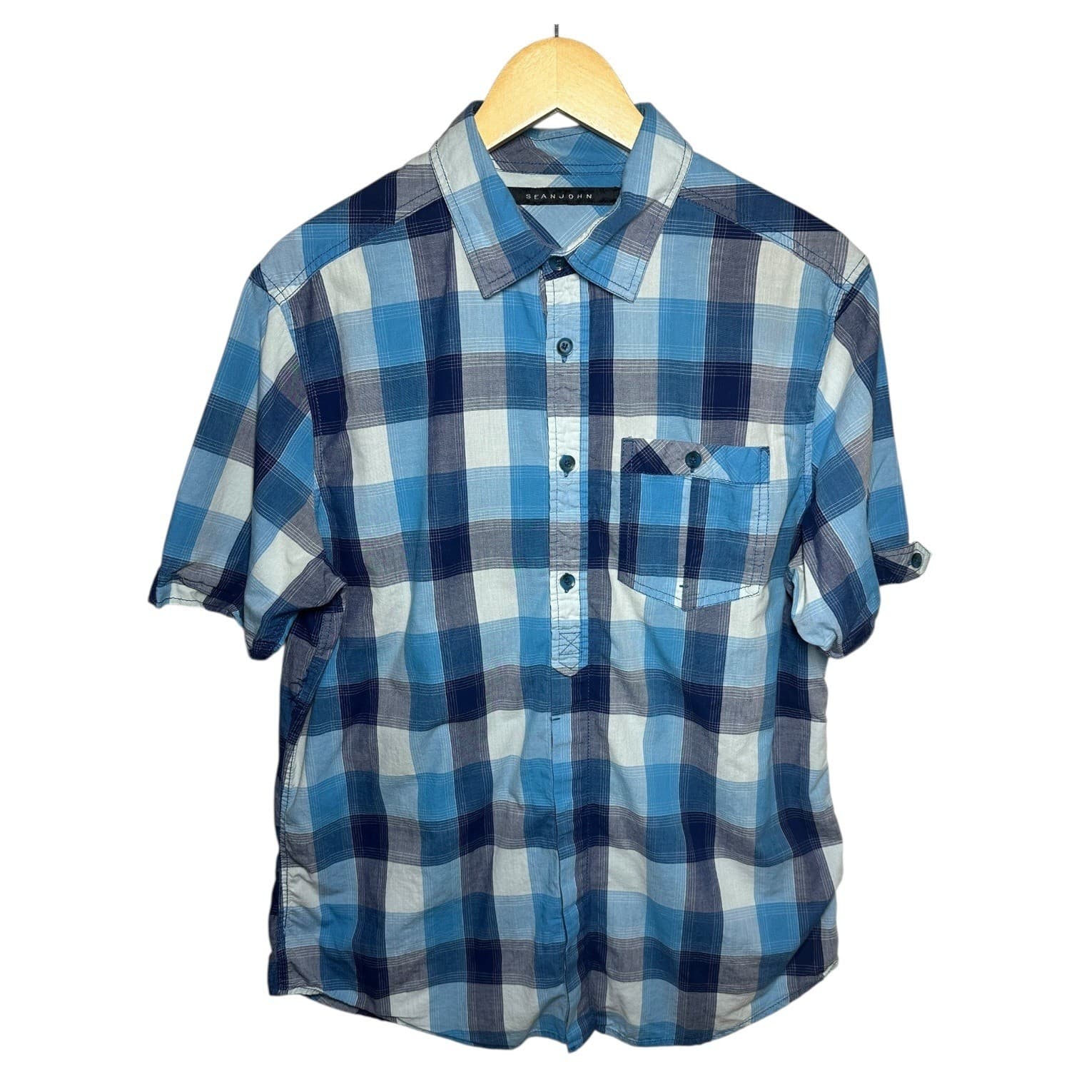 Sean John Mens Blue Plaid Short Sleeve Button Up Shirt Size Large - Thumbnail 2