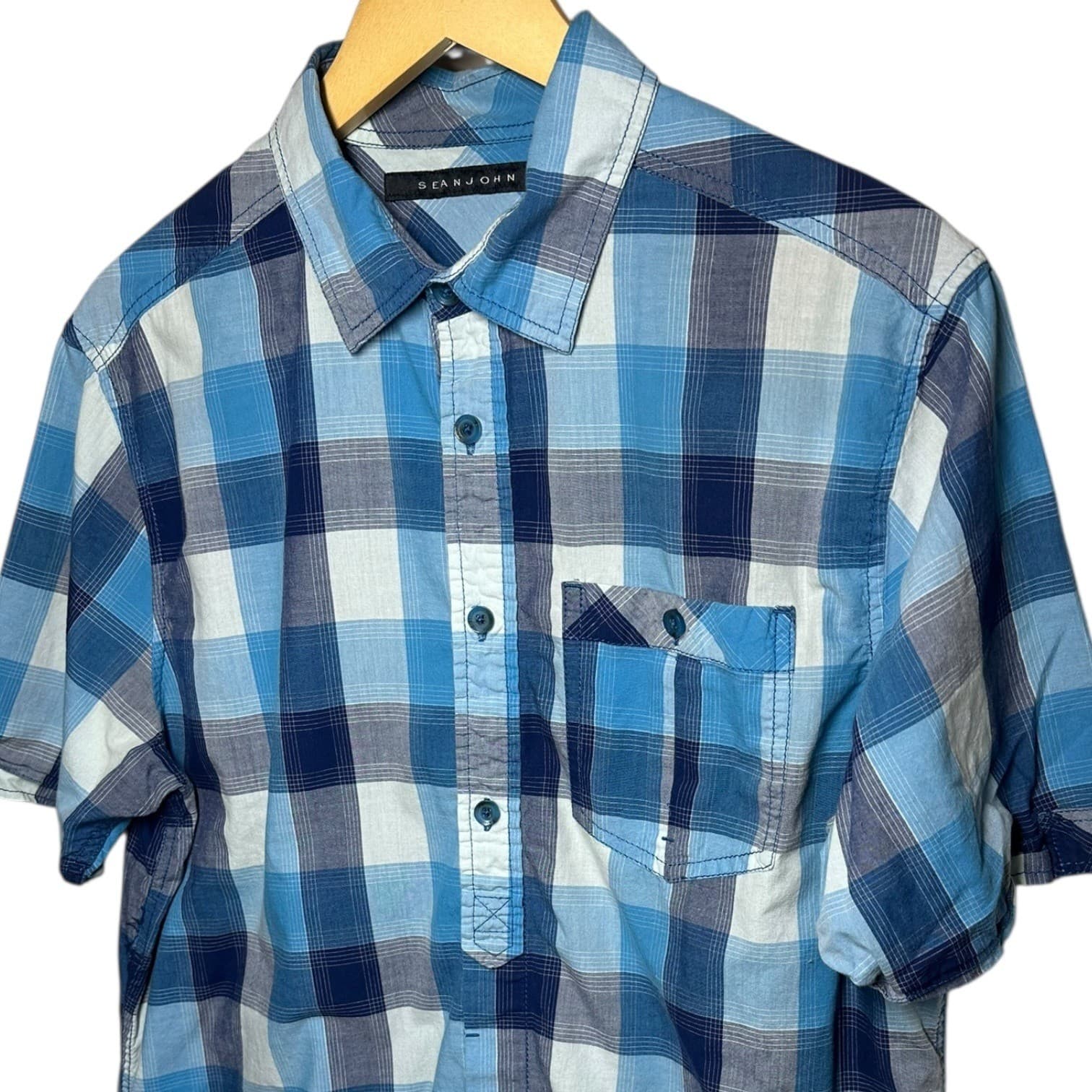 Sean John Mens Blue Plaid Short Sleeve Button Up Shirt Size Large - Thumbnail 4