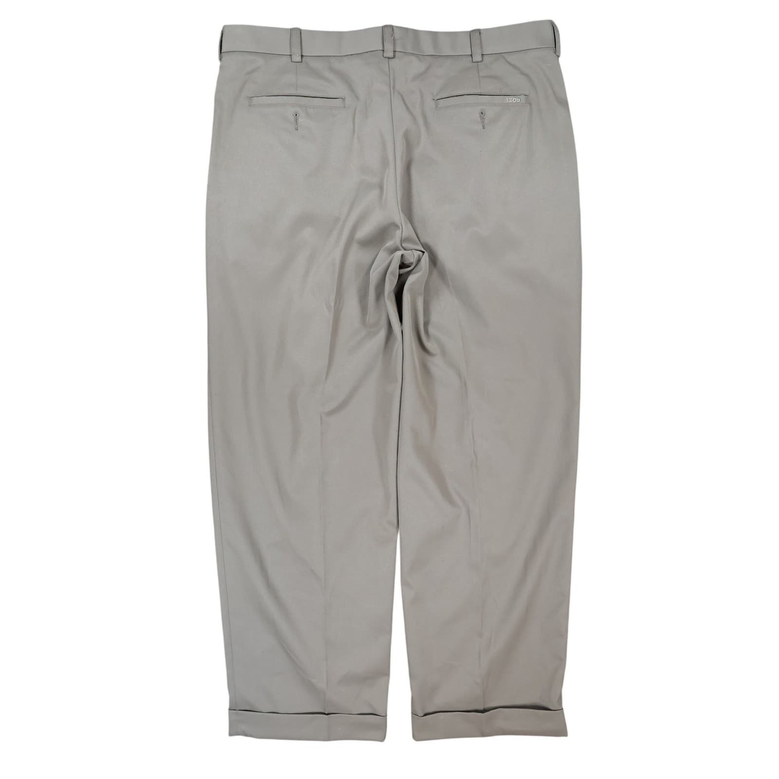 IZOD Dress Pants Mens 38x30 Khaki Polyester Pleated Cuffed Business Slacks - Thumbnail 2