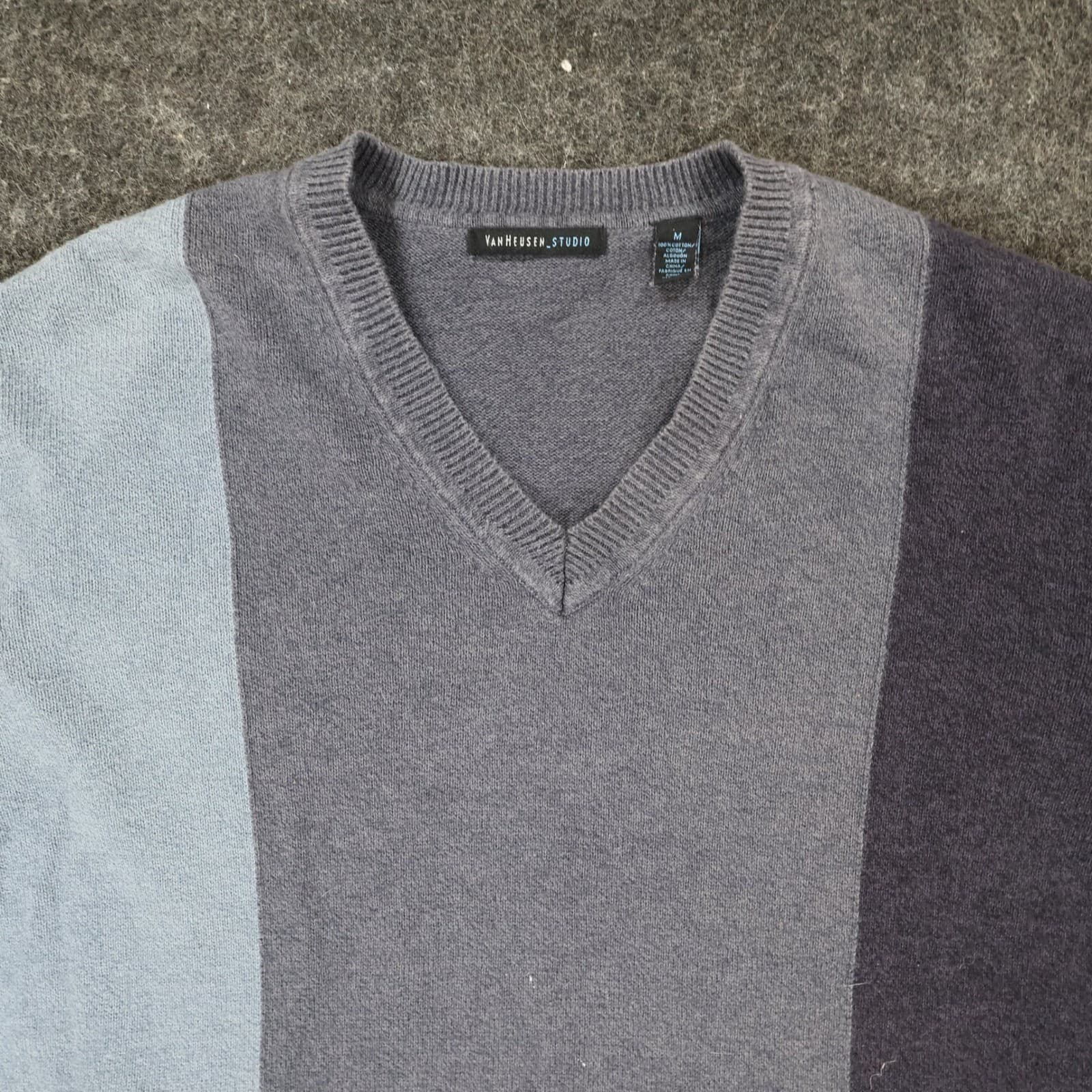 Van Heusen Studio Sweater Mens Medium Gray Cotton V-Neck Colorblock Striped - Thumbnail 8
