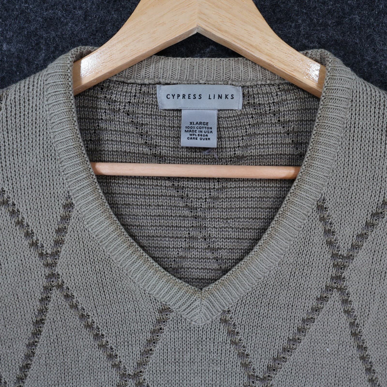 Cypress Links Sweater Vest Mens XL Tan Cotton Argyle Golf Knit Sleeveless V-Neck - Thumbnail 6