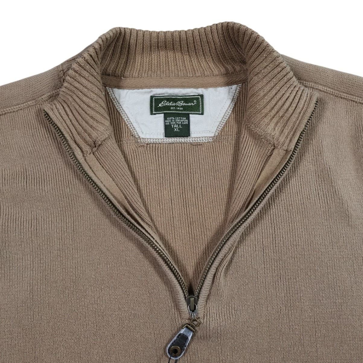 Eddie Bauer Quarter Zip Sweater Mens XL Tall Tan Excellent Vintage Ribbed Cotton - Thumbnail 4