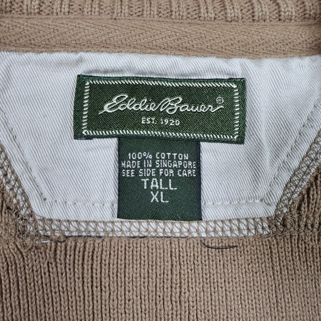 Eddie Bauer Quarter Zip Sweater Mens XL Tall Tan Excellent Vintage Ribbed Cotton - Thumbnail 7