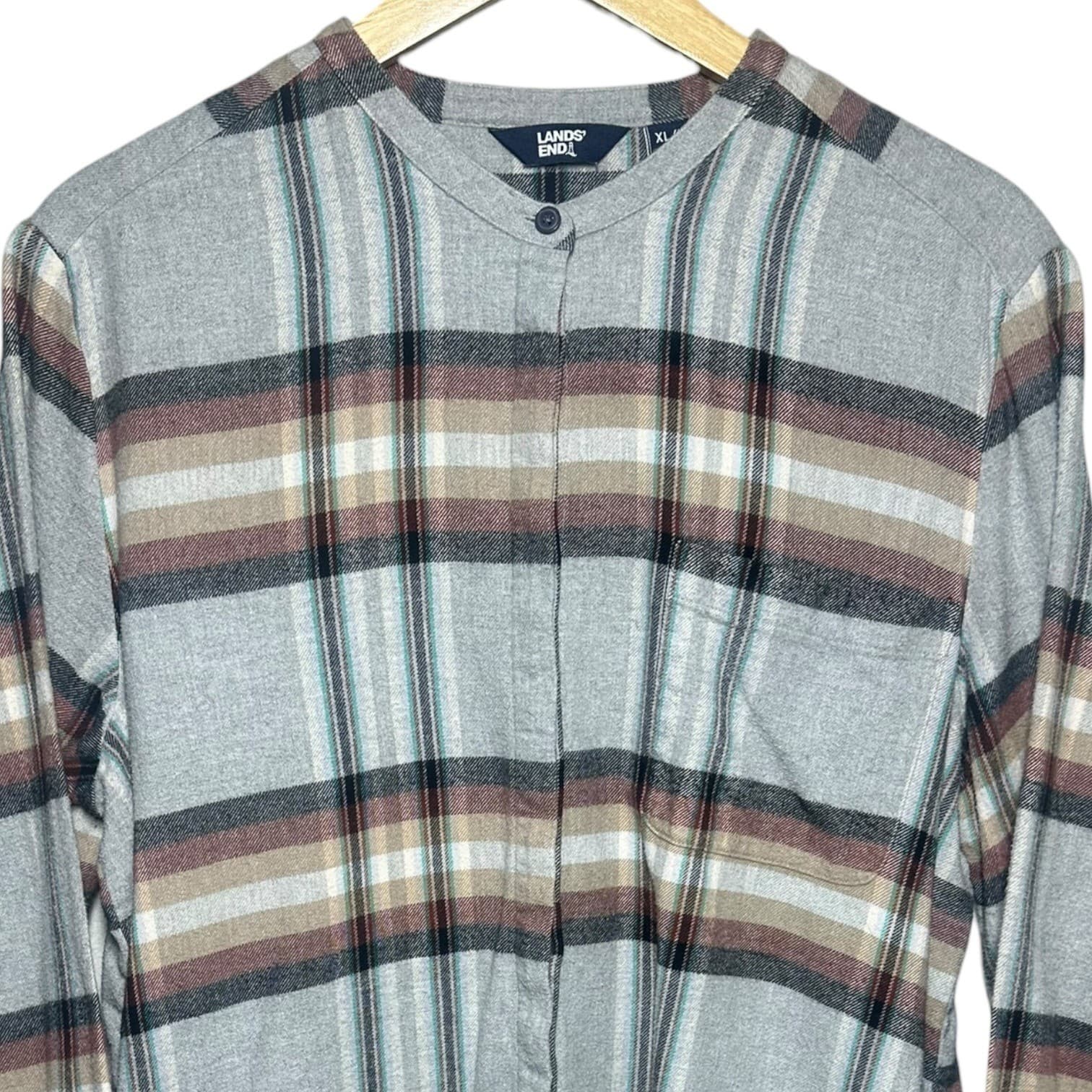 Lands End Plaid Long Sleeve Band Collar Tunic Shirt Womens XL Gray Multi Color - Thumbnail 3
