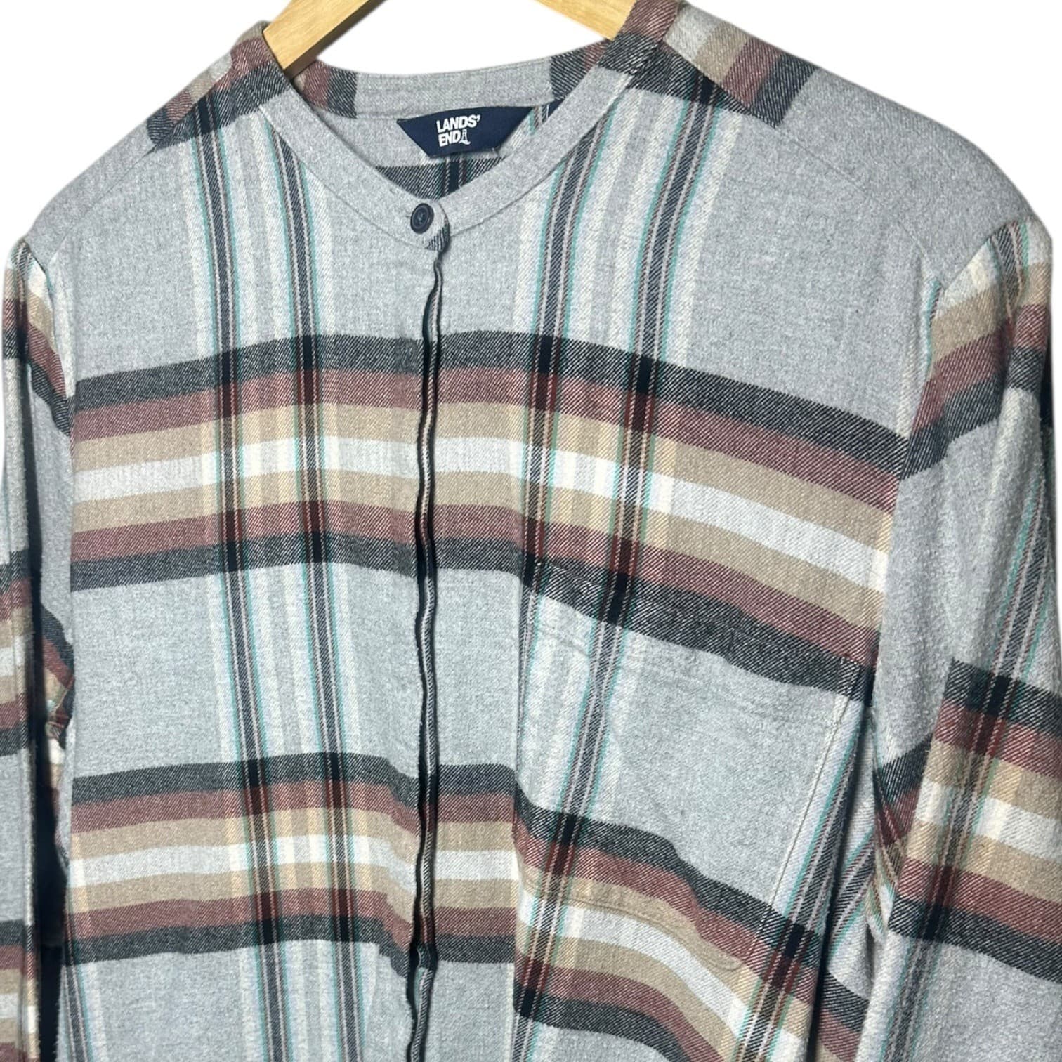 Lands End Plaid Long Sleeve Band Collar Tunic Shirt Womens XL Gray Multi Color - Thumbnail 4