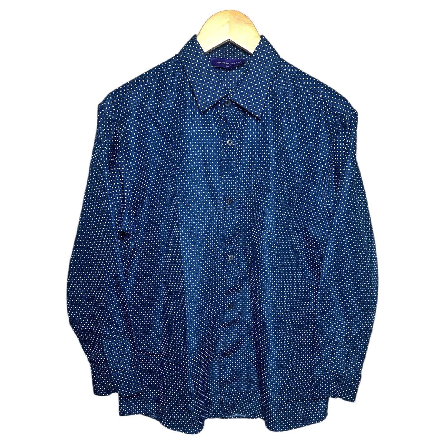 James Morgan Blue White Polka Dot Button Down Long Sleeve Shirt Size 18 - Thumbnail 4